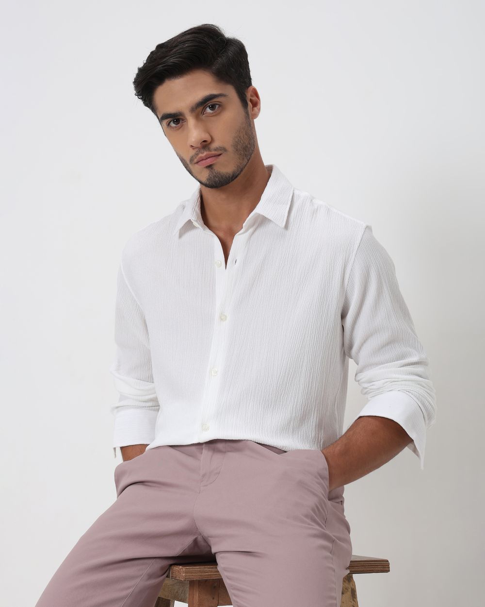White Textured Plain Slim Fit Casual Shirt