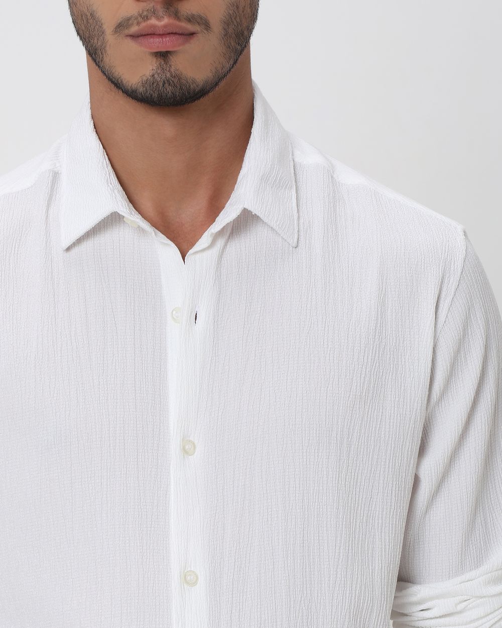 White Textured Plain Slim Fit Casual Shirt
