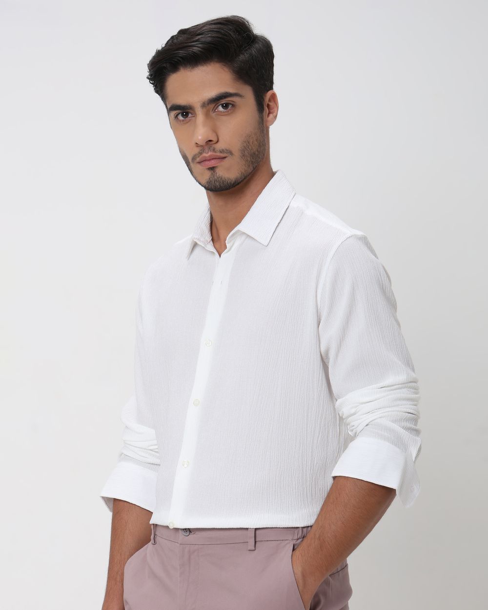 White Textured Plain Slim Fit Casual Shirt