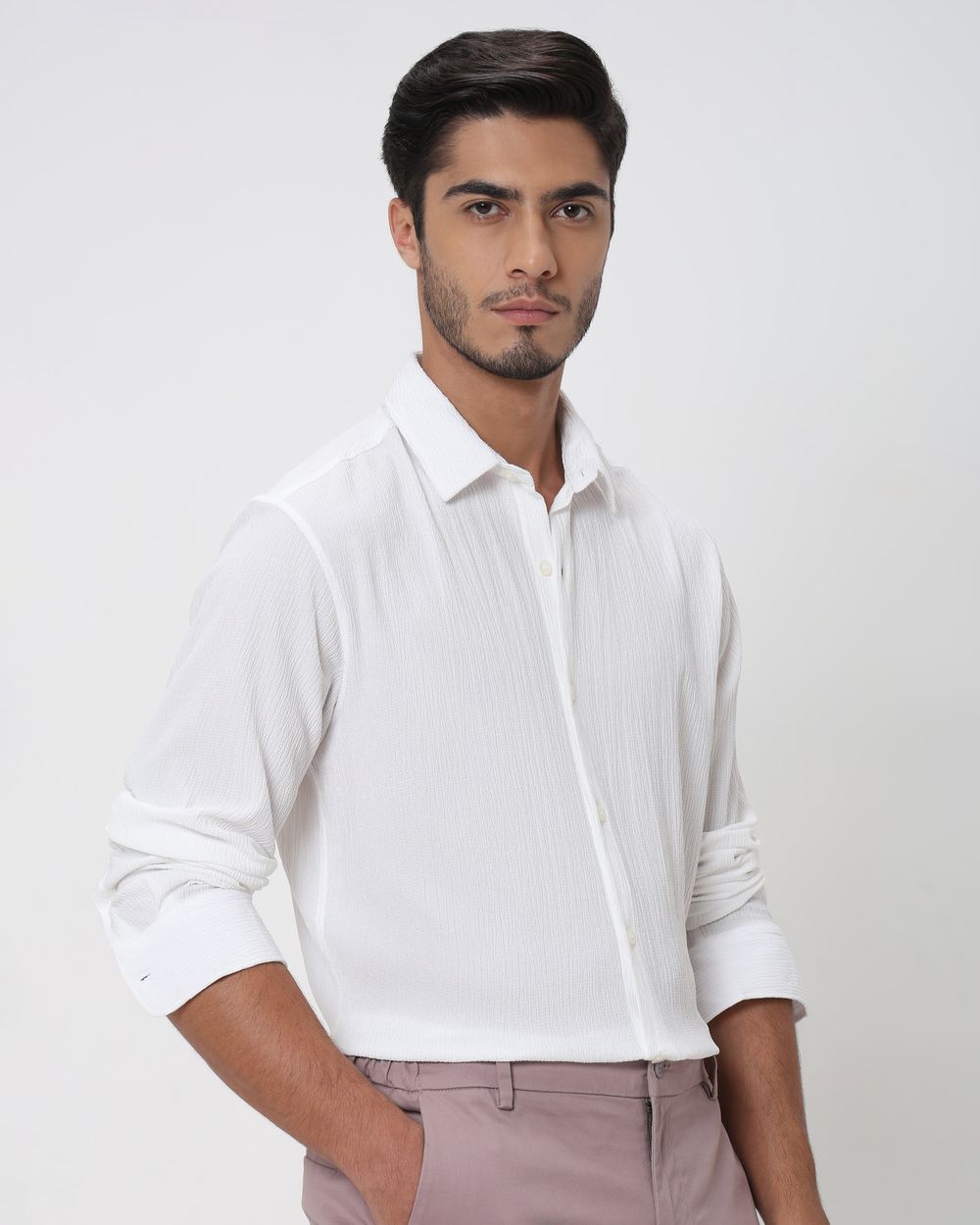 White Textured Plain Slim Fit Casual Shirt