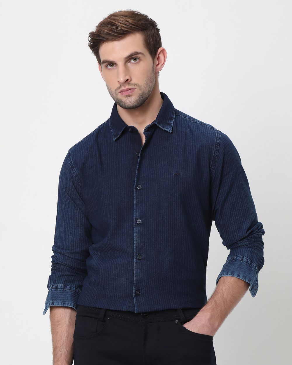 Indigo Blue Denim Plain Slim Fit Casual Shirt