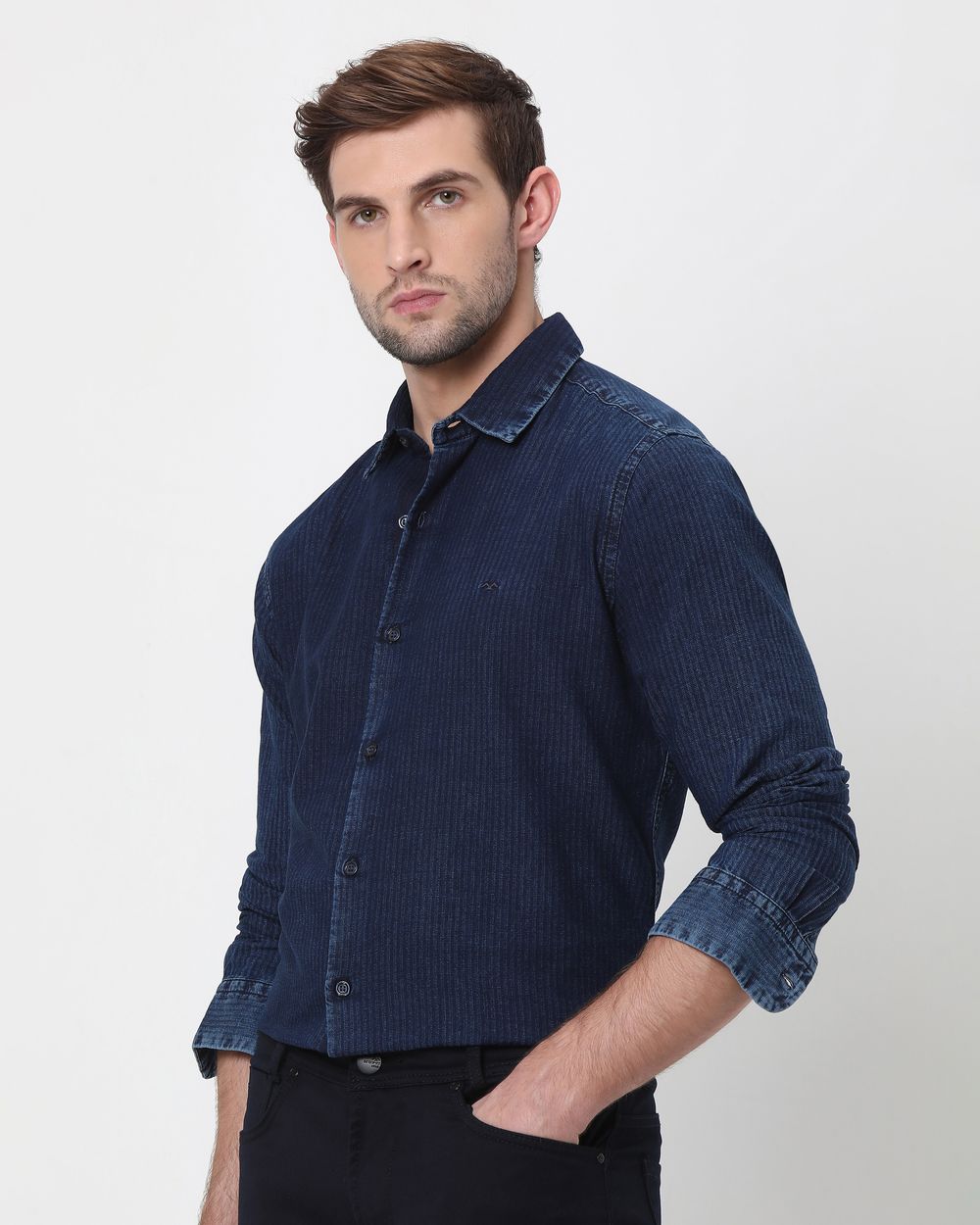 Indigo Blue Denim Plain Slim Fit Casual Shirt