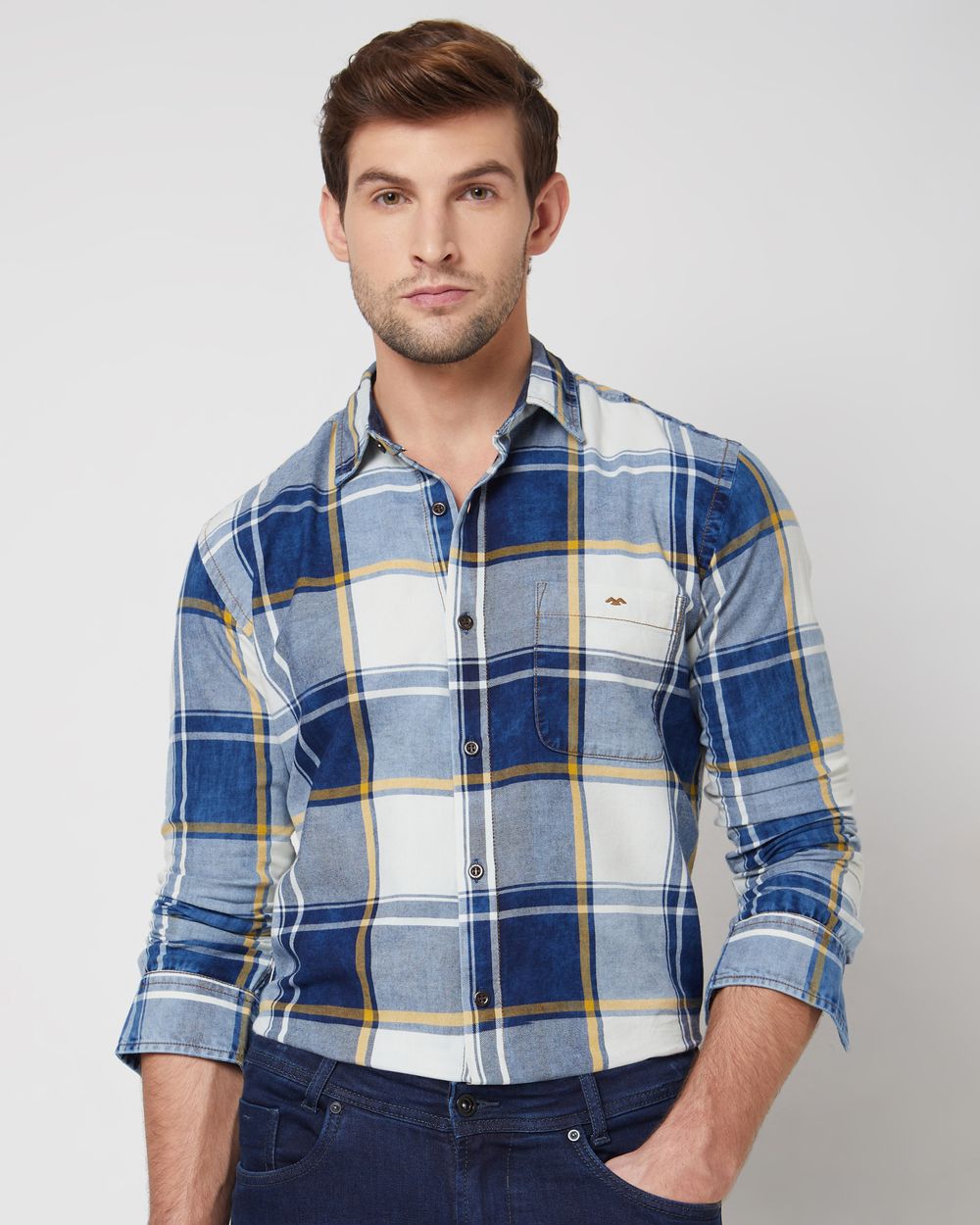 Mid Blue Denim Check Slim Fit Casual Shirt