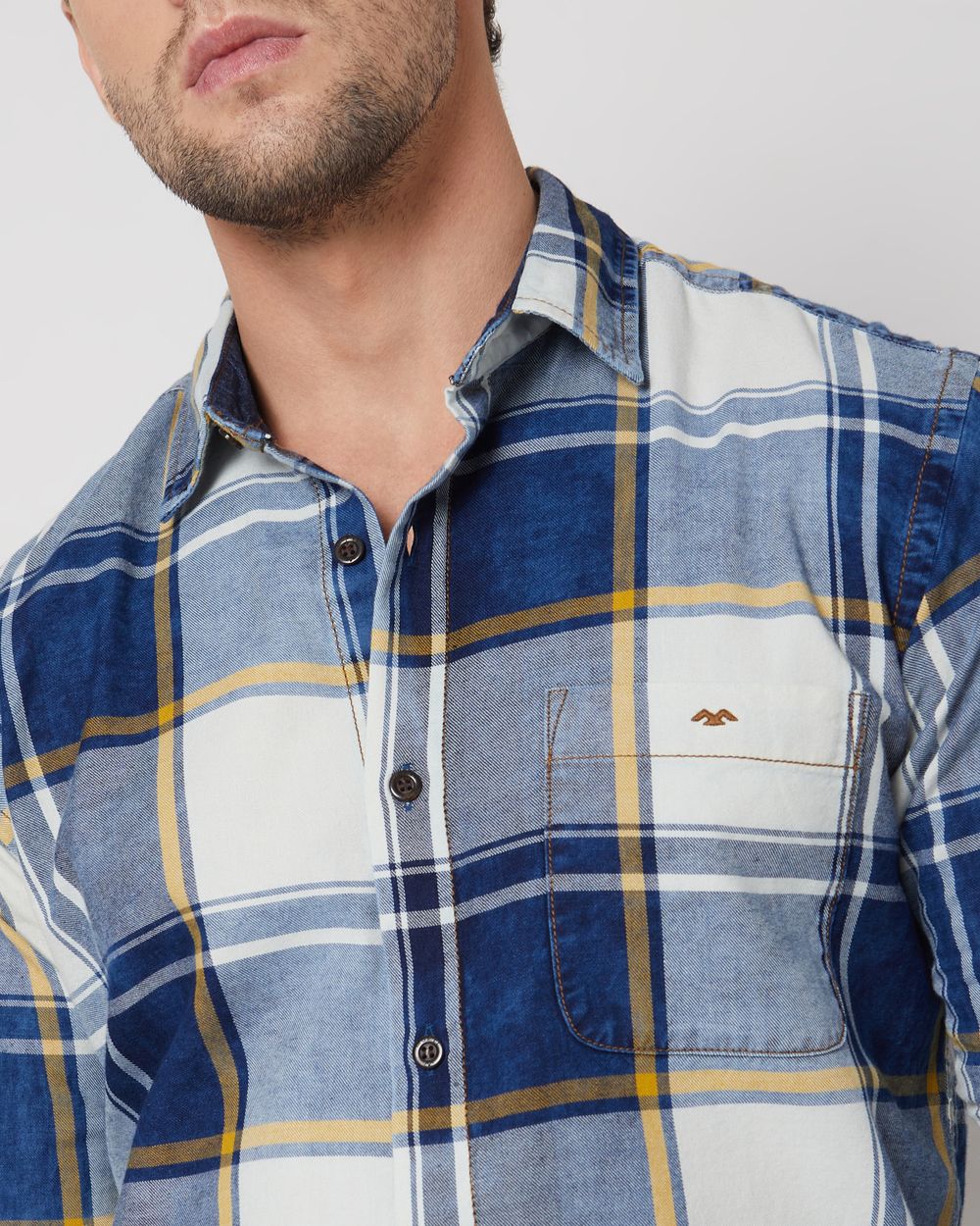 Mid Blue Denim Check Slim Fit Casual Shirt