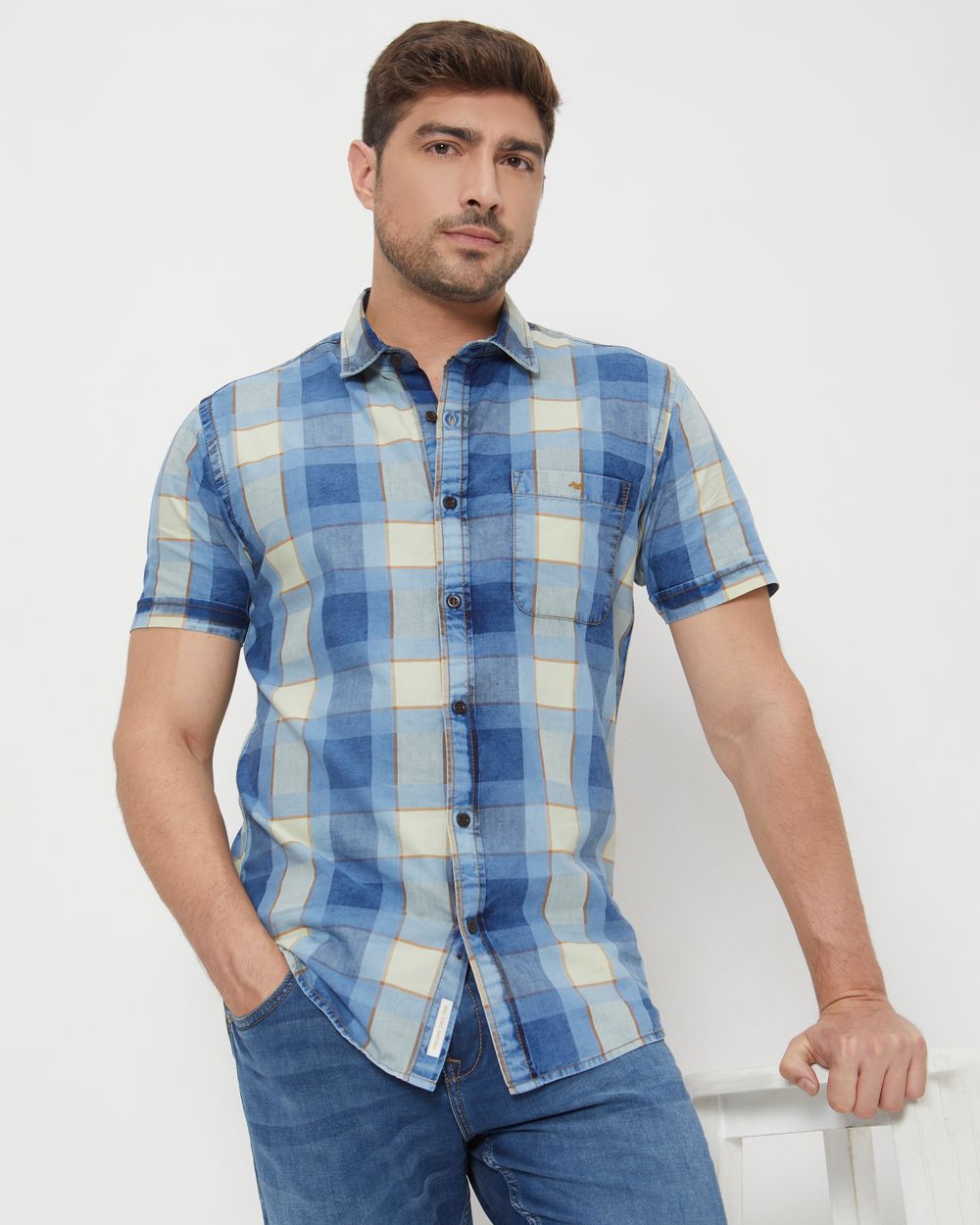 Light Blue Large Check Slim Fit Casual Shirt