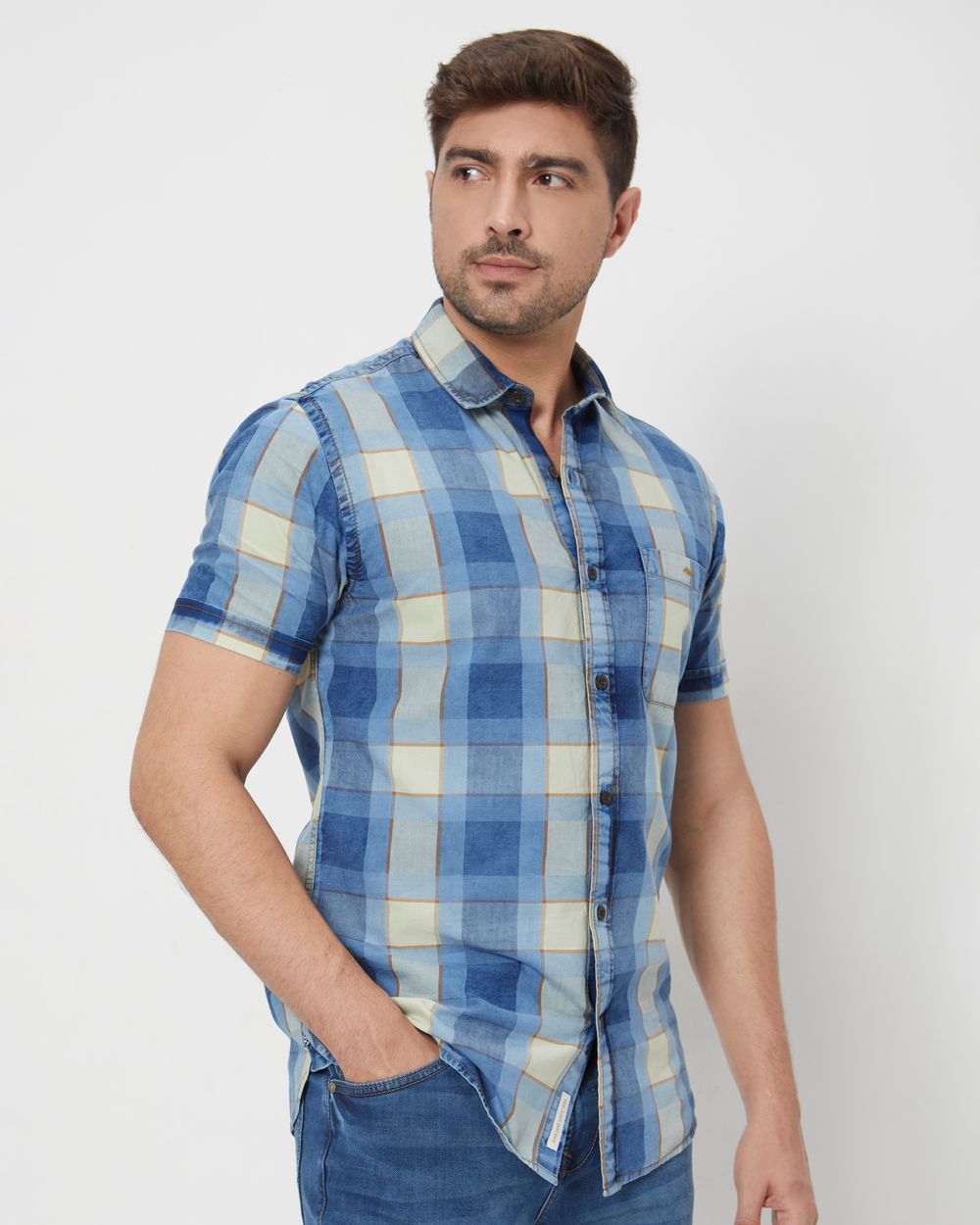 Light Blue Large Check Slim Fit Casual Shirt