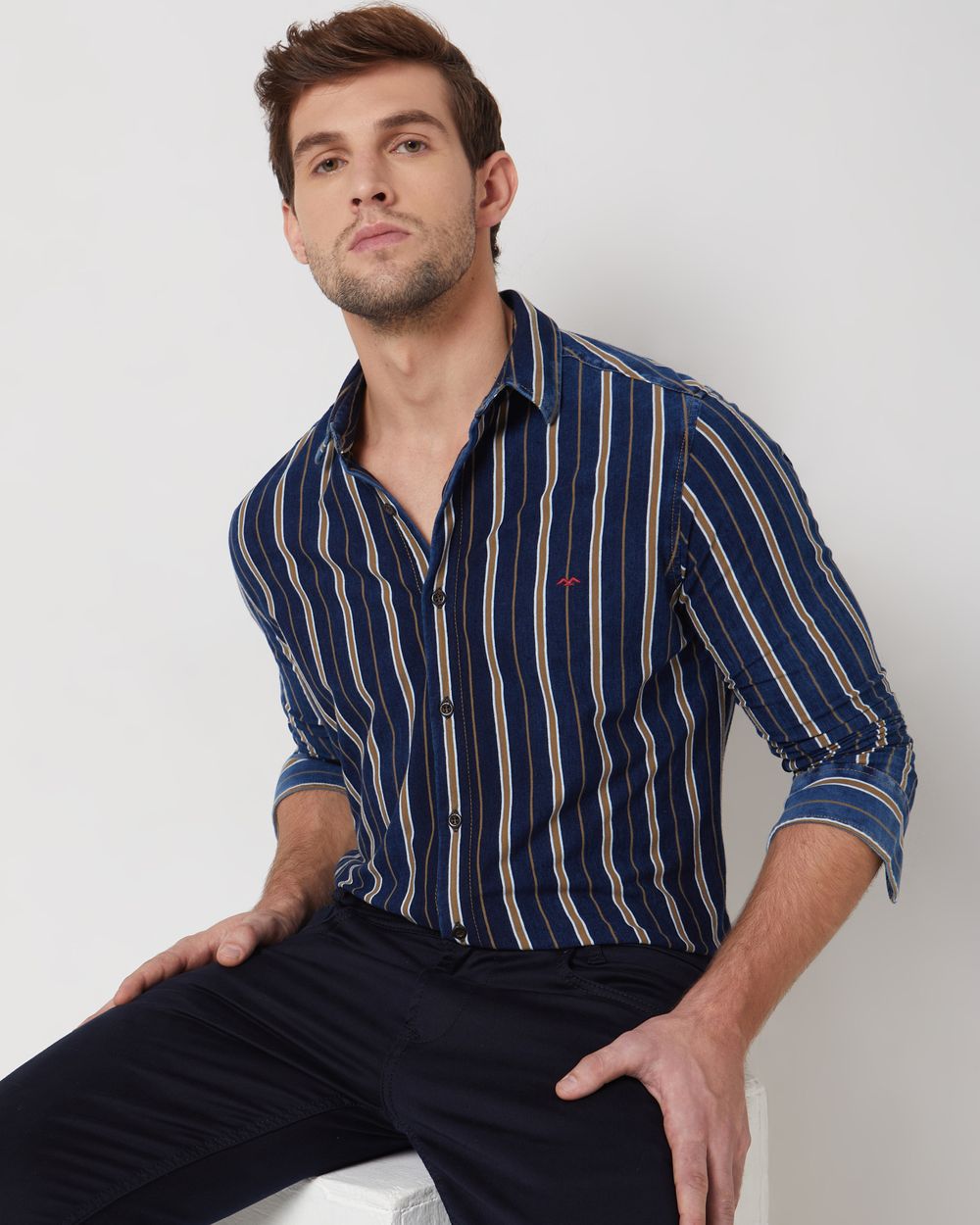 Indigo Blue Knitted Stripe Slim Fit Casual Shirt