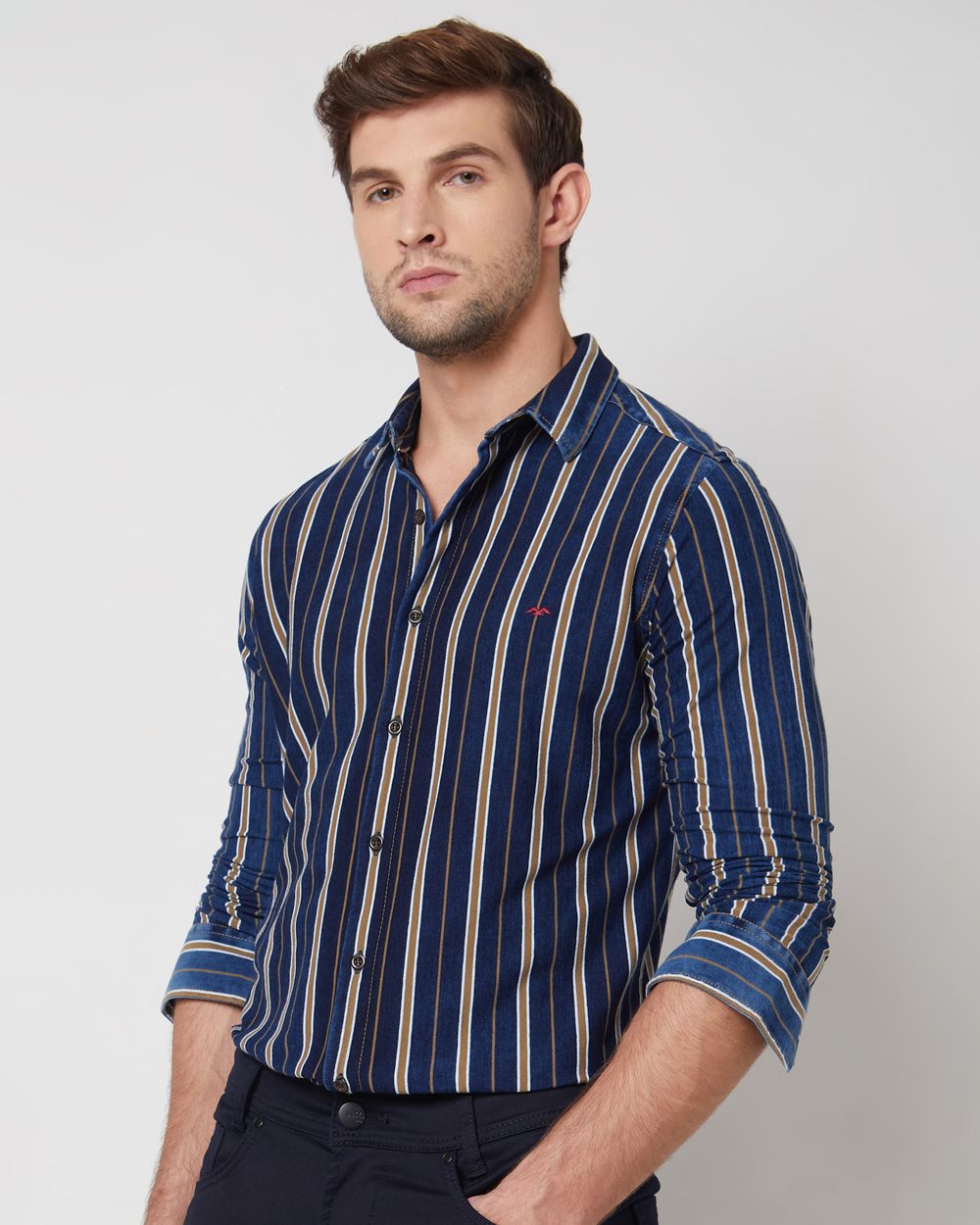 Indigo Blue Knitted Stripe Slim Fit Casual Shirt