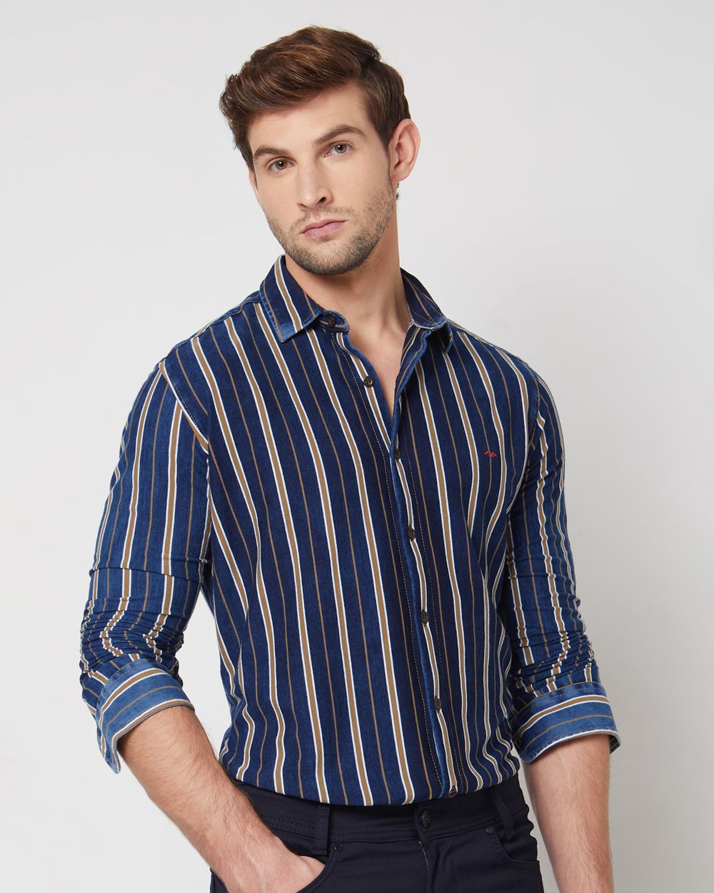 Indigo Blue Knitted Stripe Slim Fit Casual Shirt