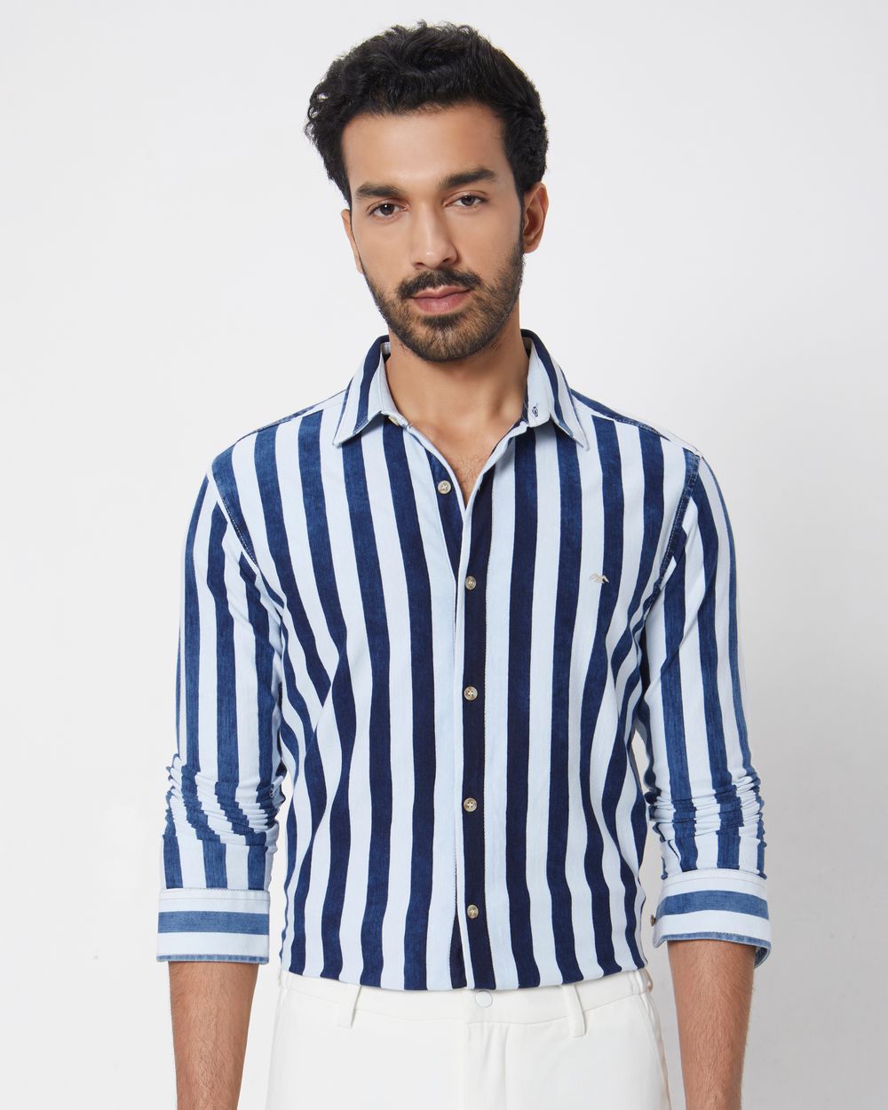 Indigo Blue Knitted Stripe Slim Fit Casual Shirt