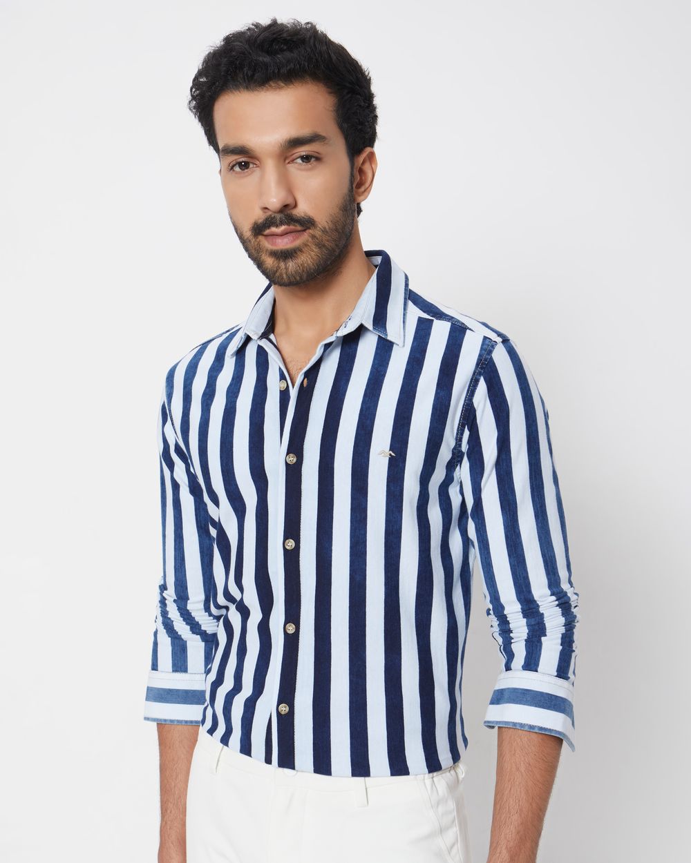 Indigo Blue Knitted Stripe Slim Fit Casual Shirt