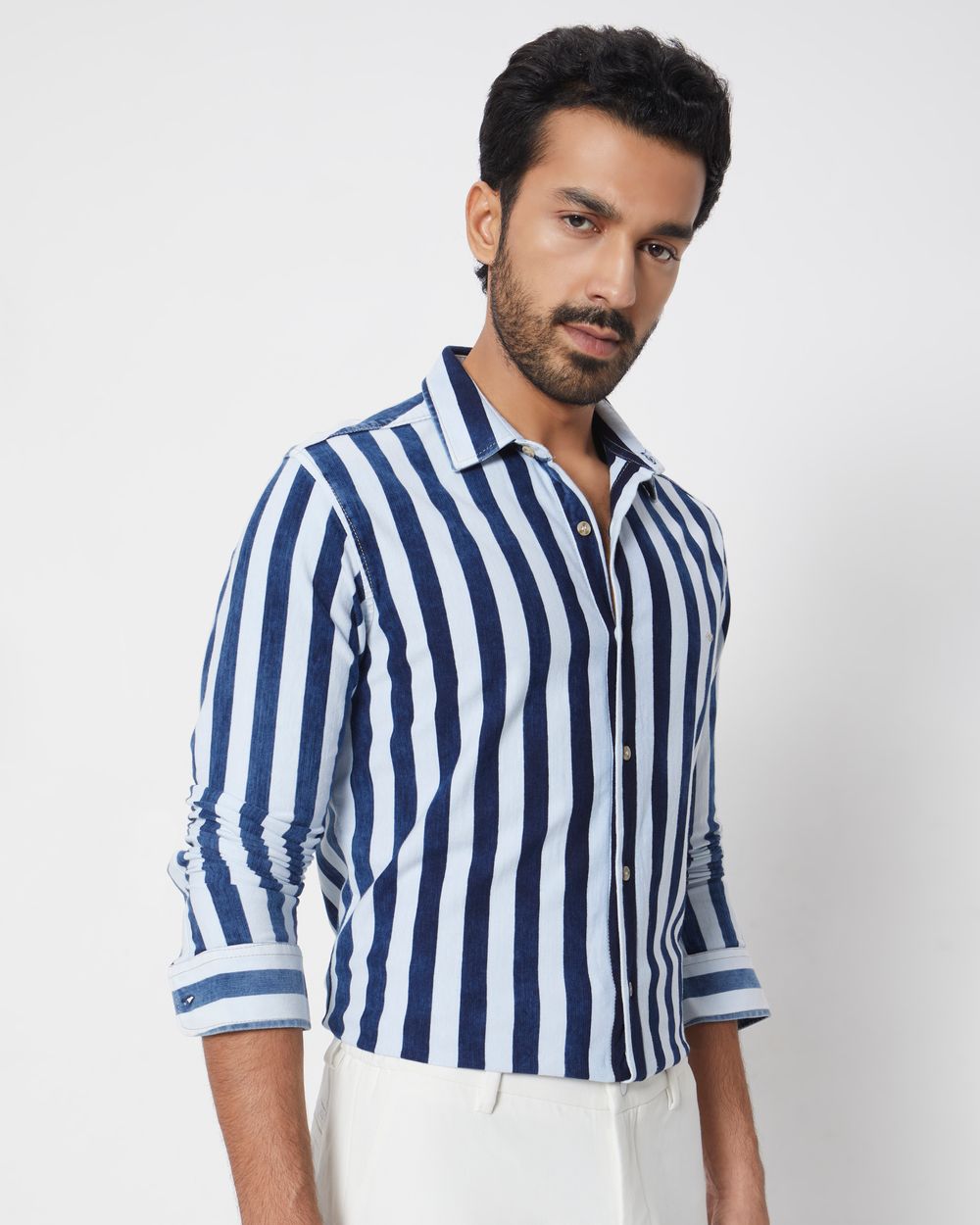 Indigo Blue Knitted Stripe Slim Fit Casual Shirt