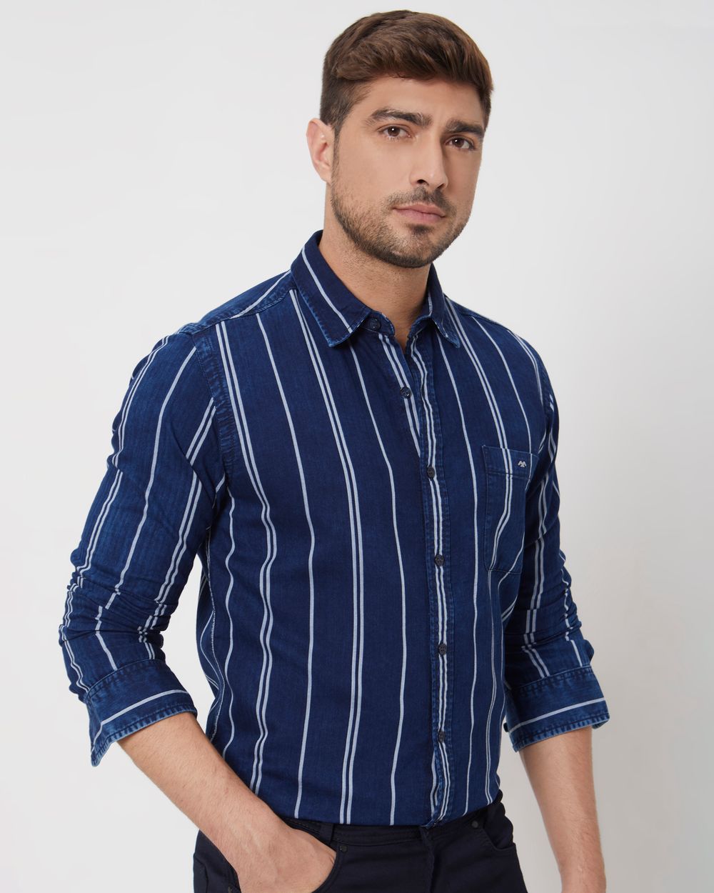 Indigo Blue Denim Stripe Slim Fit Casual Shirt