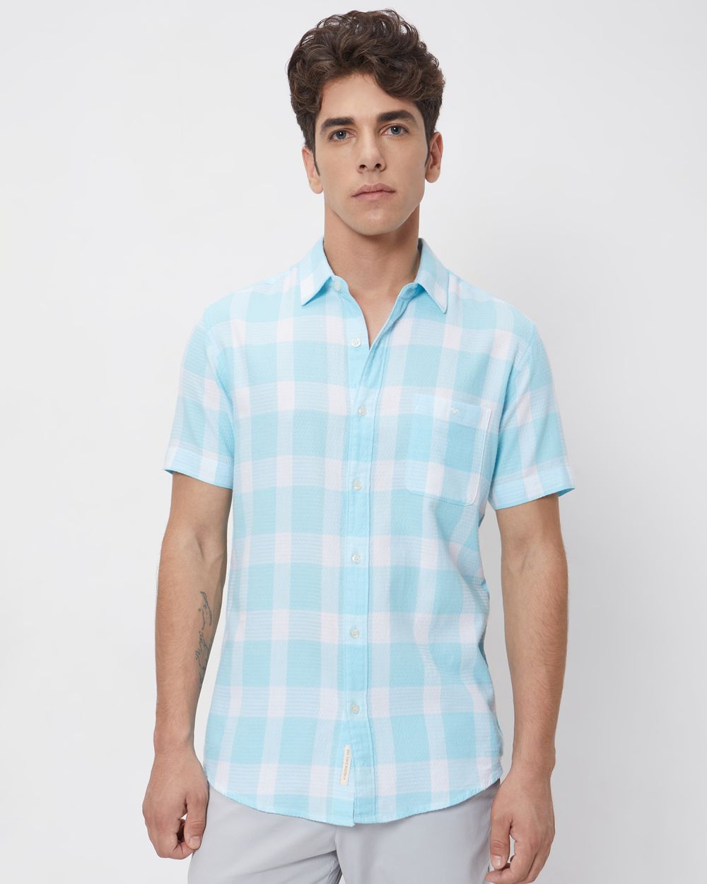 Turquoise & White Textured Check Slim Fit Casual Shirt