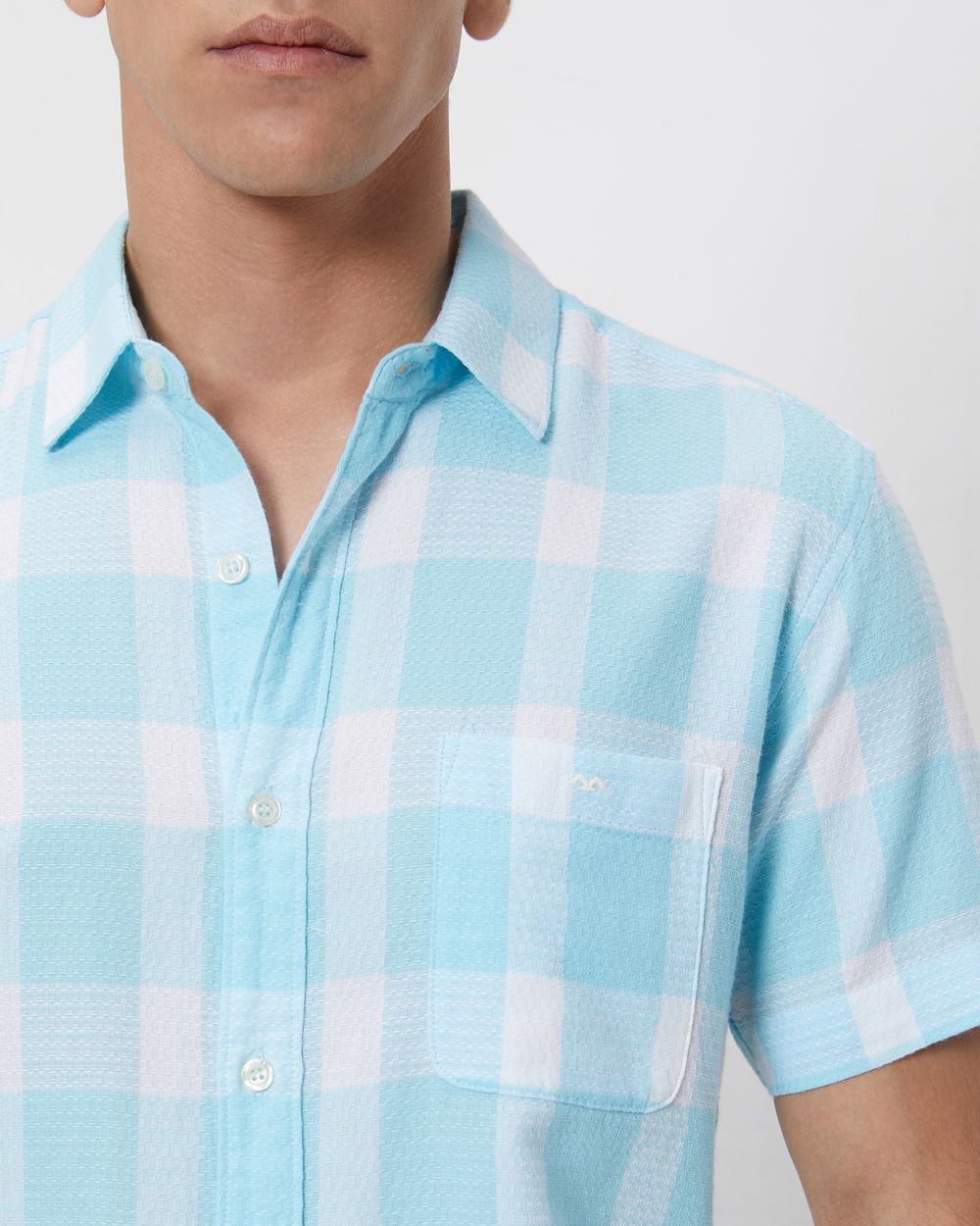 Turquoise & White Textured Check Slim Fit Casual Shirt