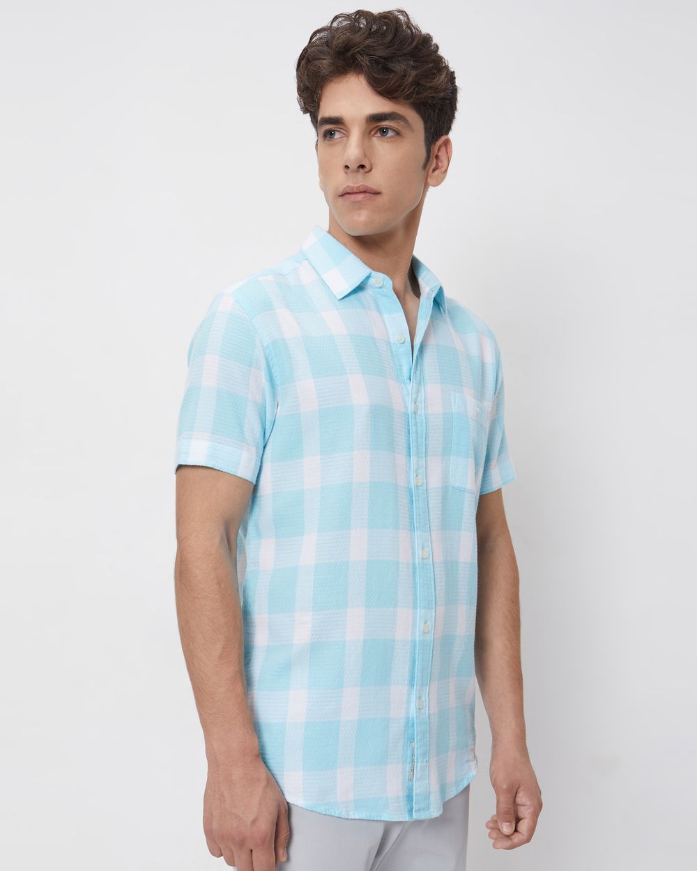 Turquoise & White Textured Check Slim Fit Casual Shirt