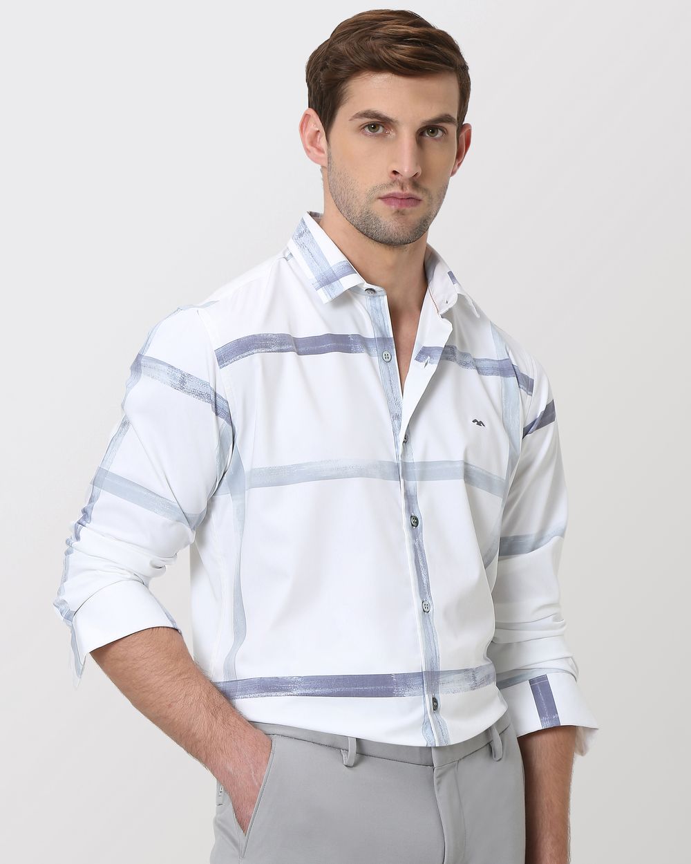 White Printed Check Slim Fit Casual Shirt