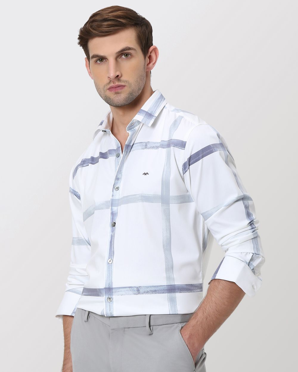White Printed Check Slim Fit Casual Shirt