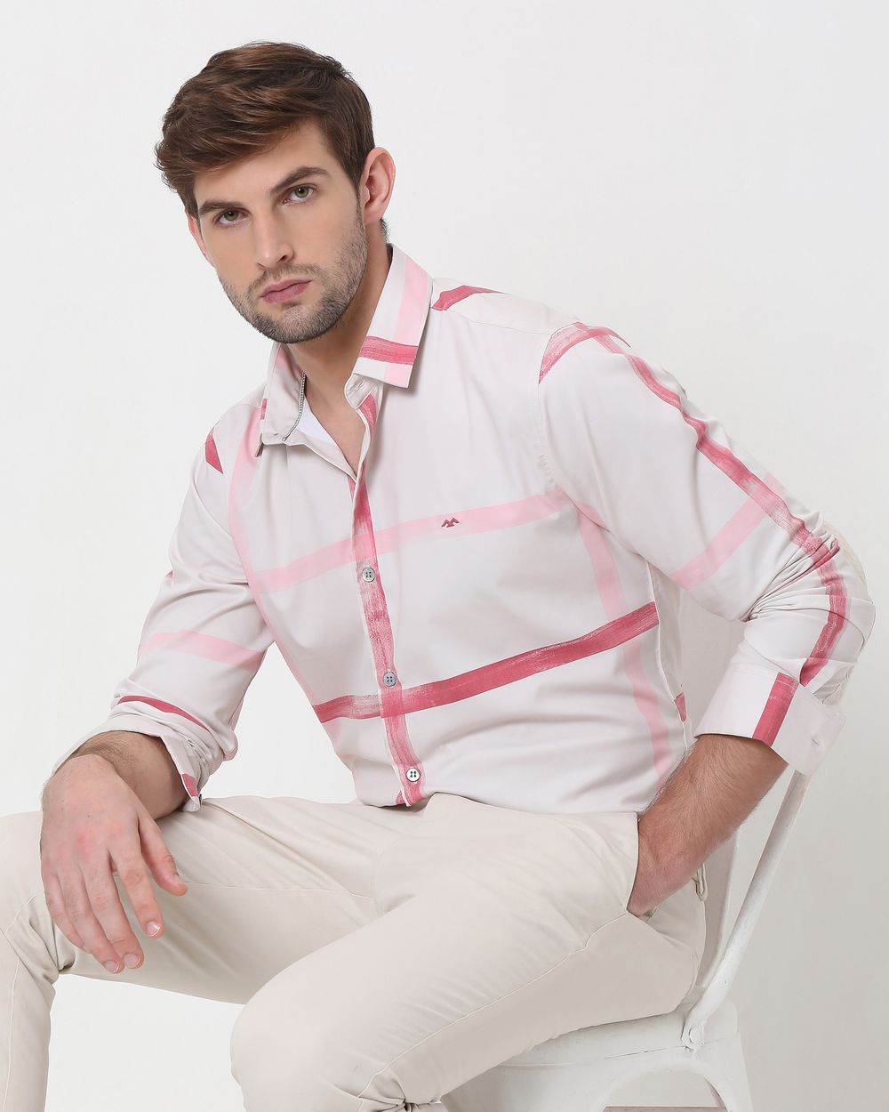 Pink Painted Check Slim Fit Casual