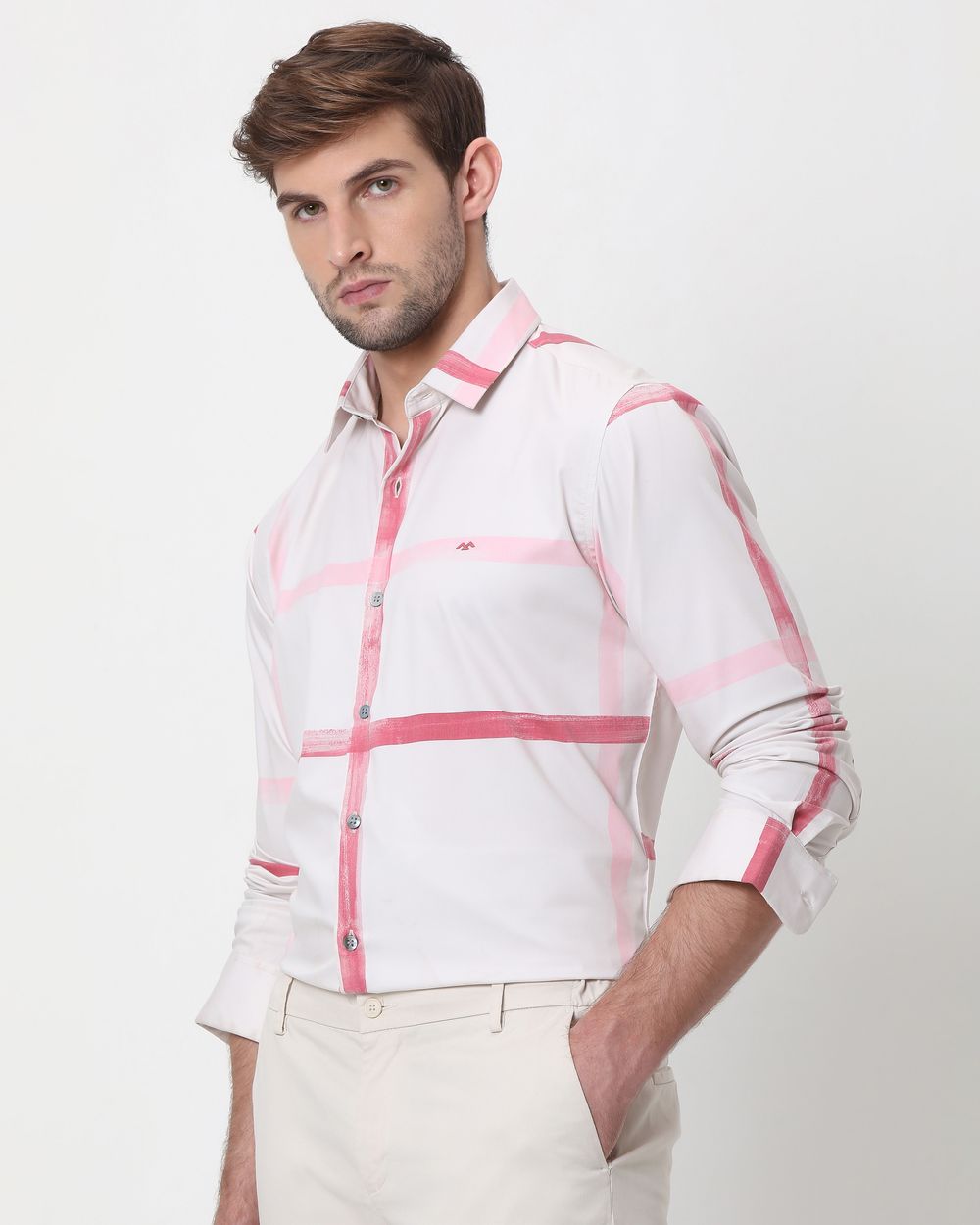 Pink Painted Check Slim Fit Casual