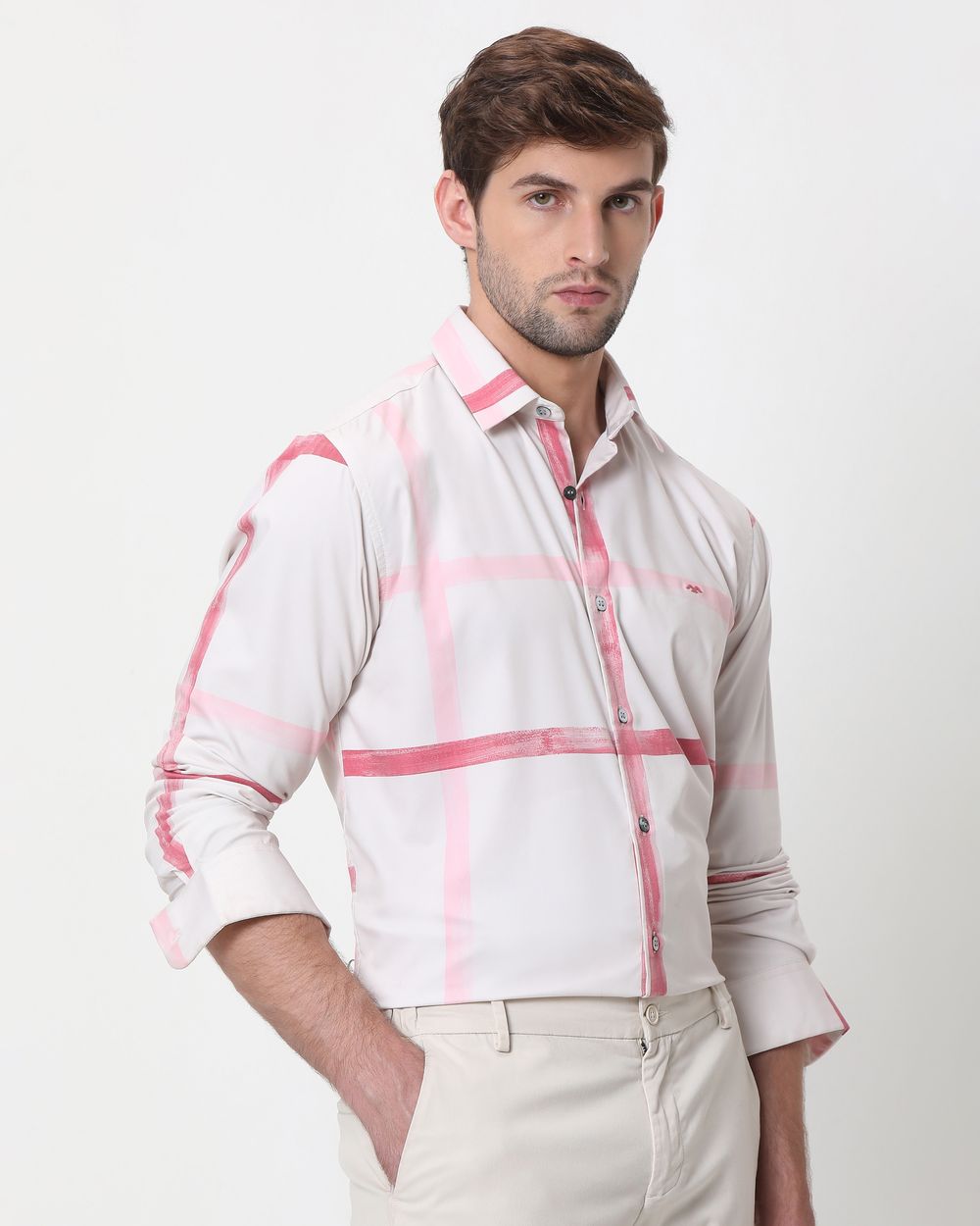 Pink Painted Check Slim Fit Casual