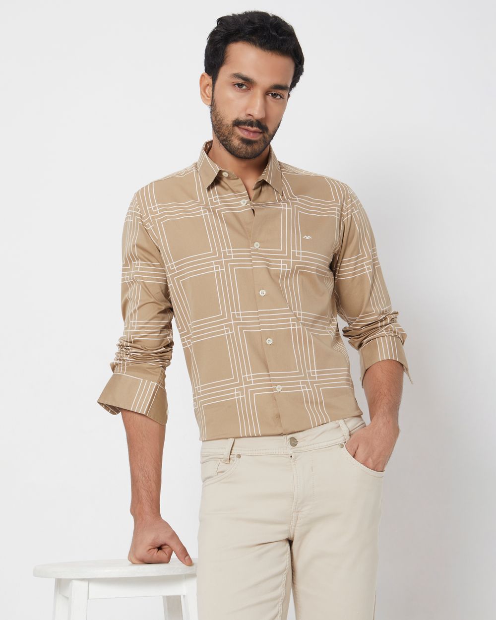 Khaki & White Printed Check Slim Fit Casual Shirt
