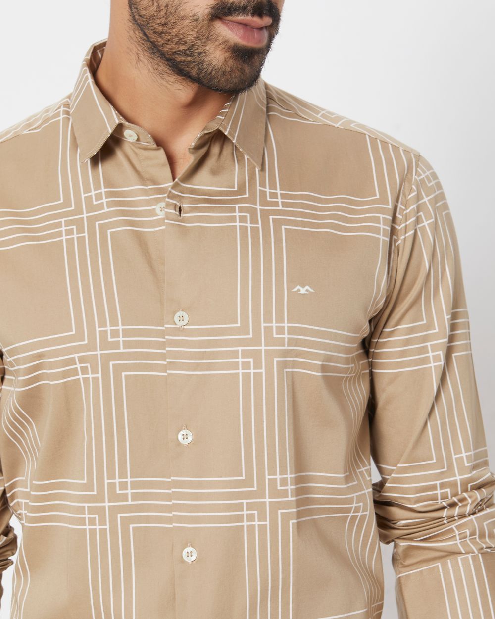 Khaki & White Printed Check Slim Fit Casual Shirt
