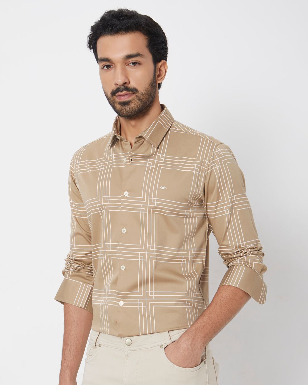 Khaki & White Printed Check Slim Fit Casual Shirt