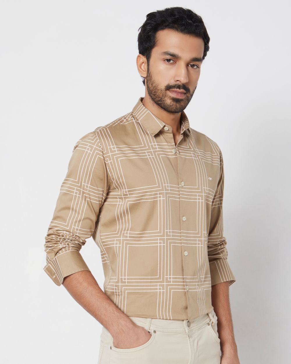 Khaki & White Printed Check Slim Fit Casual Shirt