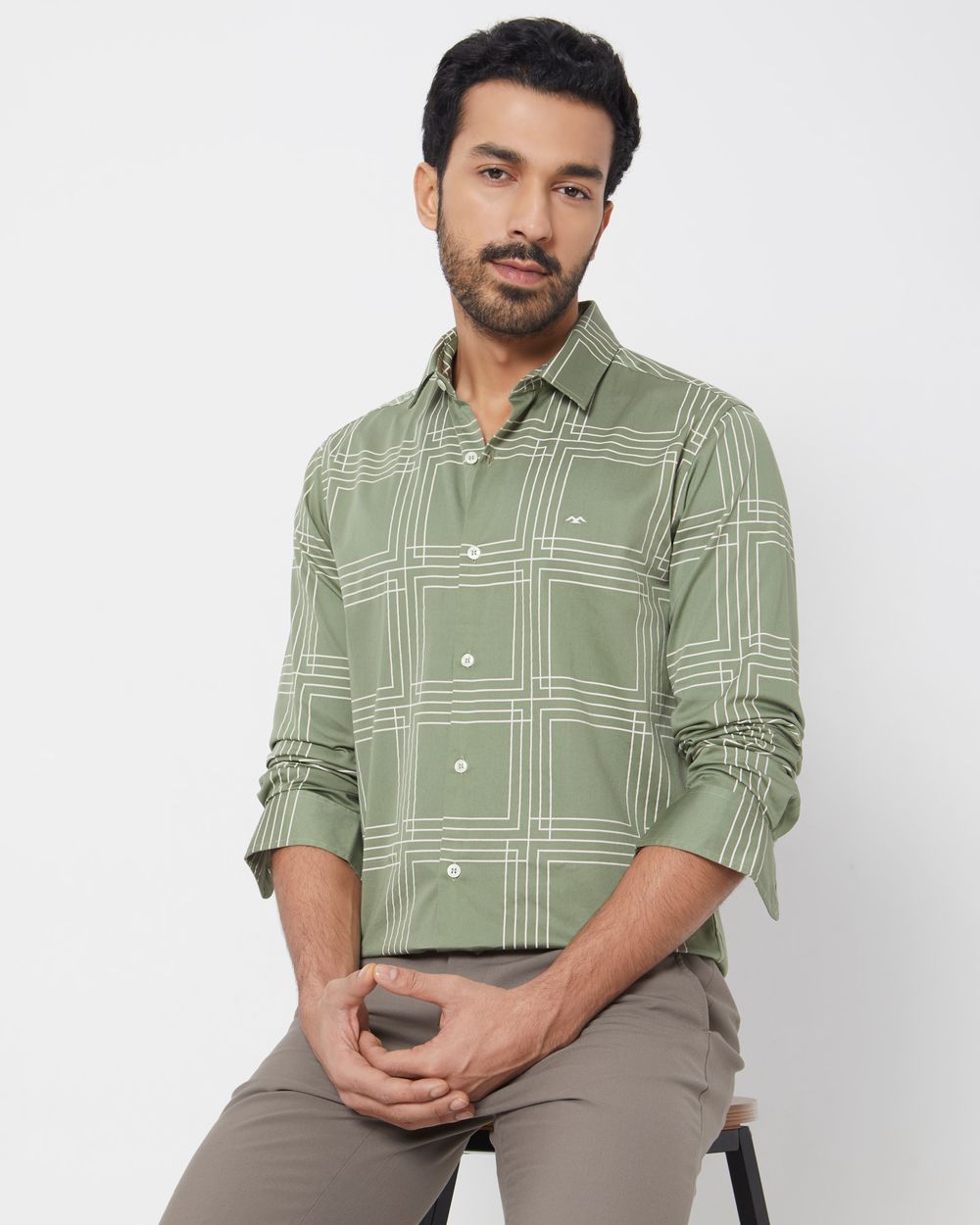 Olive & White Printed Check Slim Fit Casual Shirt