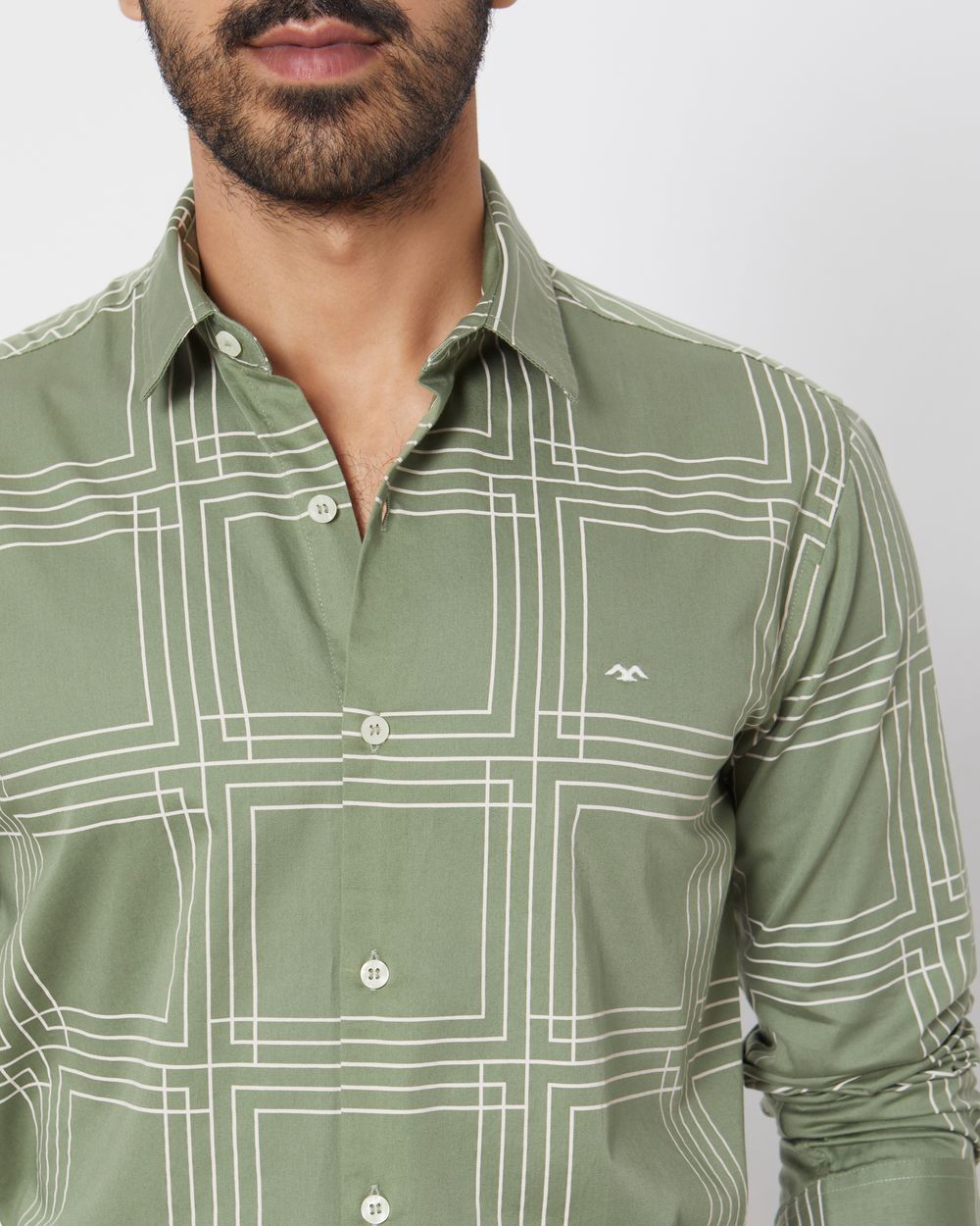 Olive & White Printed Check Slim Fit Casual Shirt
