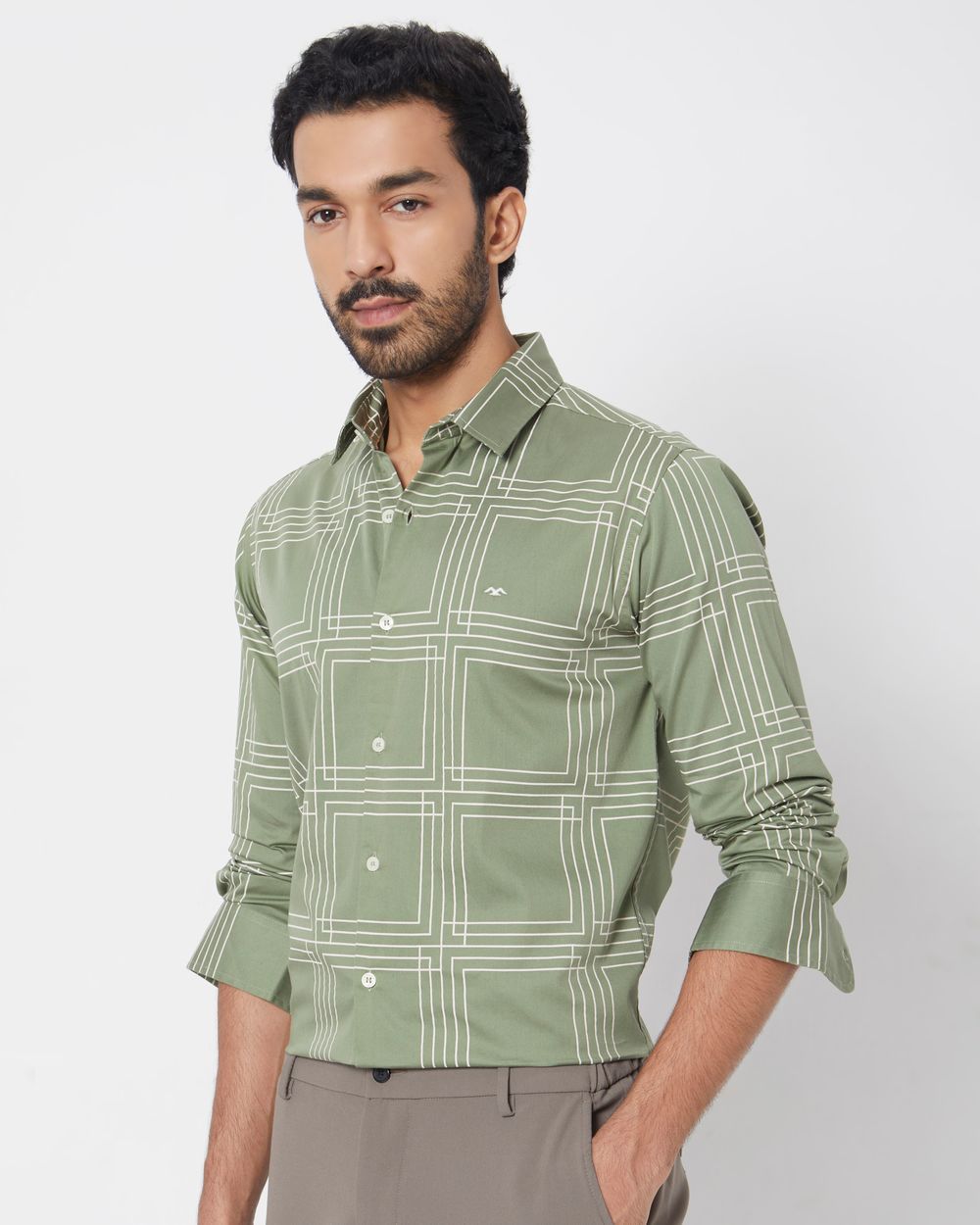 Olive & White Printed Check Slim Fit Casual Shirt