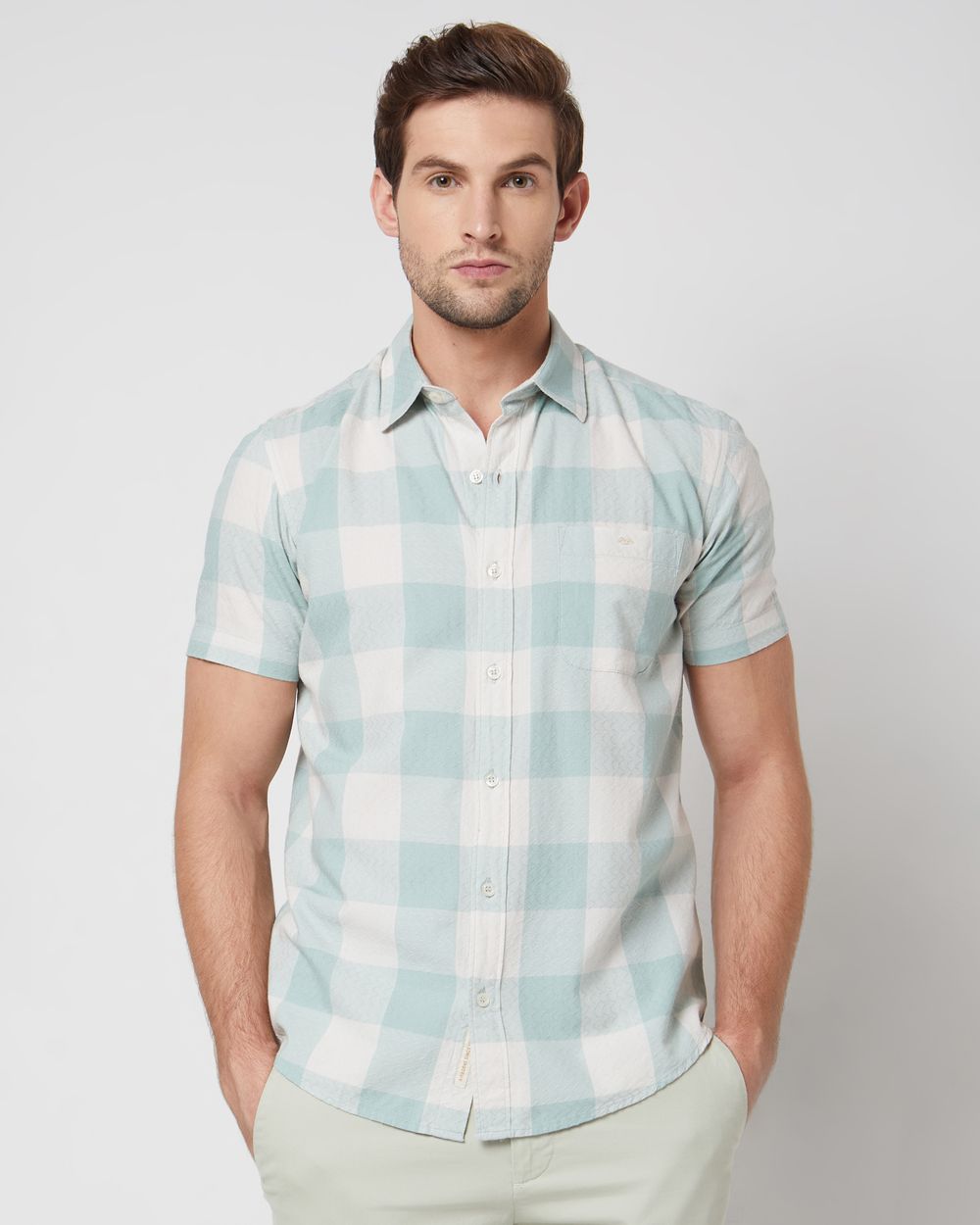 Light Green Textured Check Slim Fit Casual Shirt