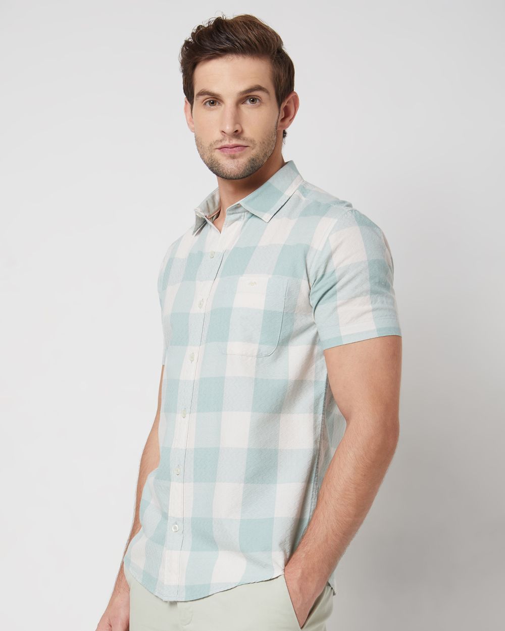 Light Green Textured Check Slim Fit Casual Shirt