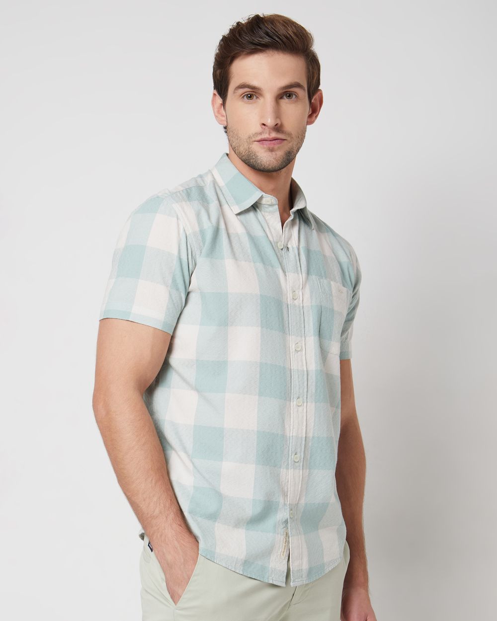 Light Green Textured Check Slim Fit Casual Shirt