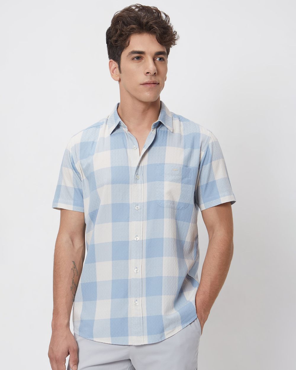 Light Blue Square Check Slim Fit Casual Shirt