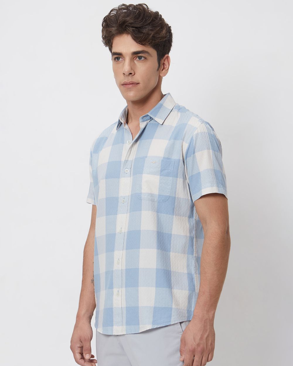 Light Blue Square Check Slim Fit Casual Shirt