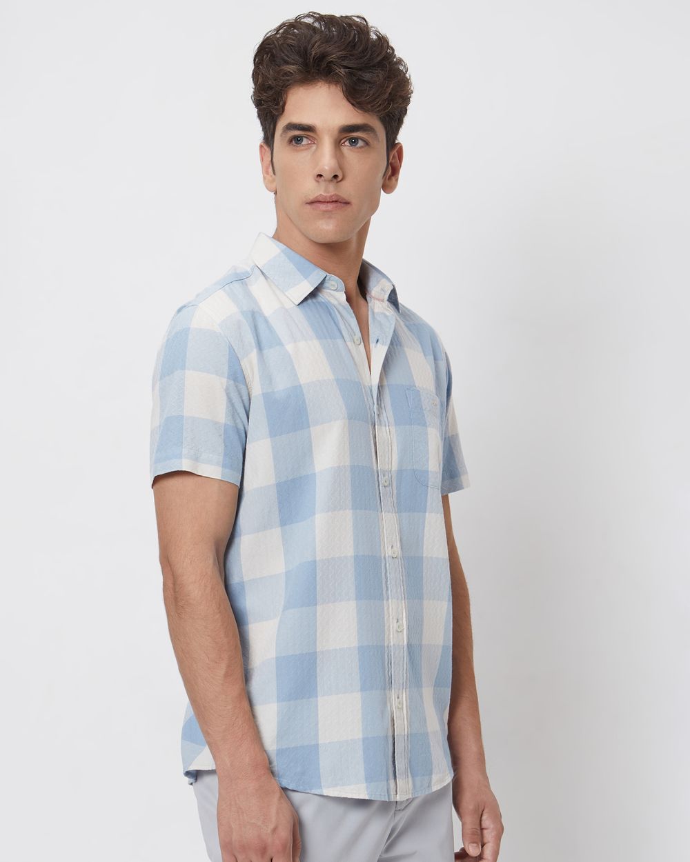 Light Blue Square Check Slim Fit Casual Shirt