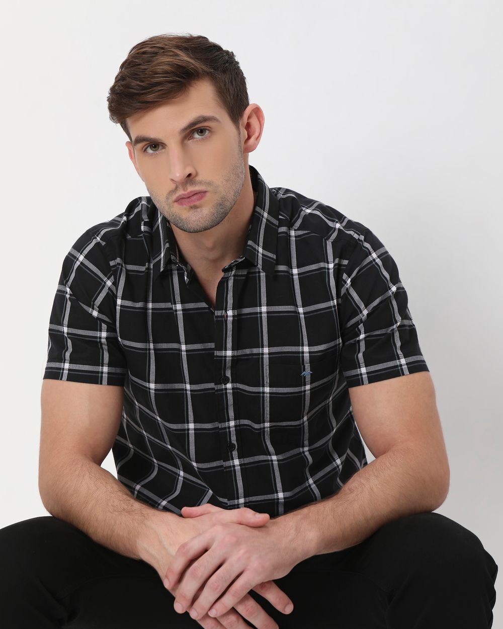 Black Square Check Slim Fit Casual Shirt