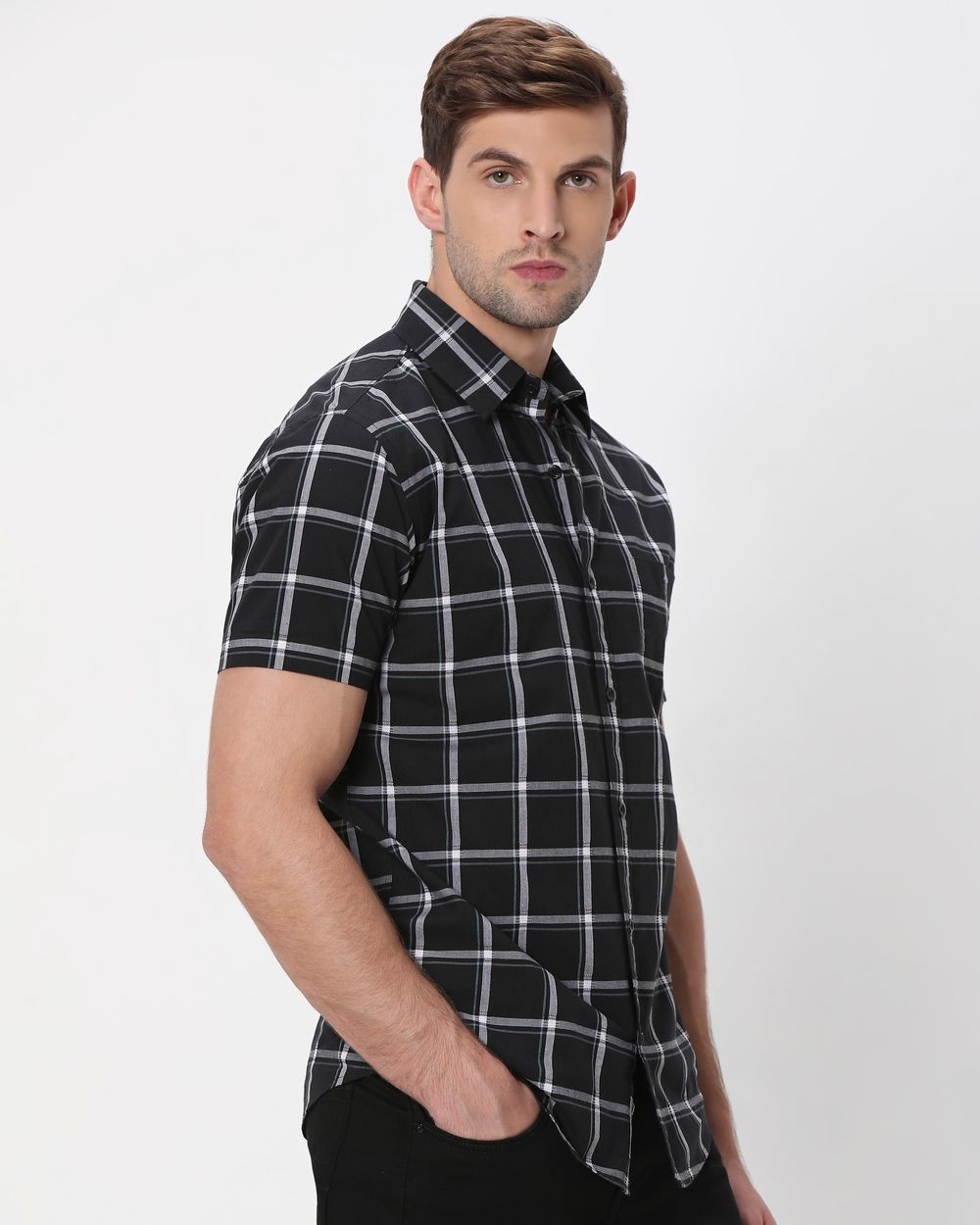 Black Square Check Slim Fit Casual Shirt