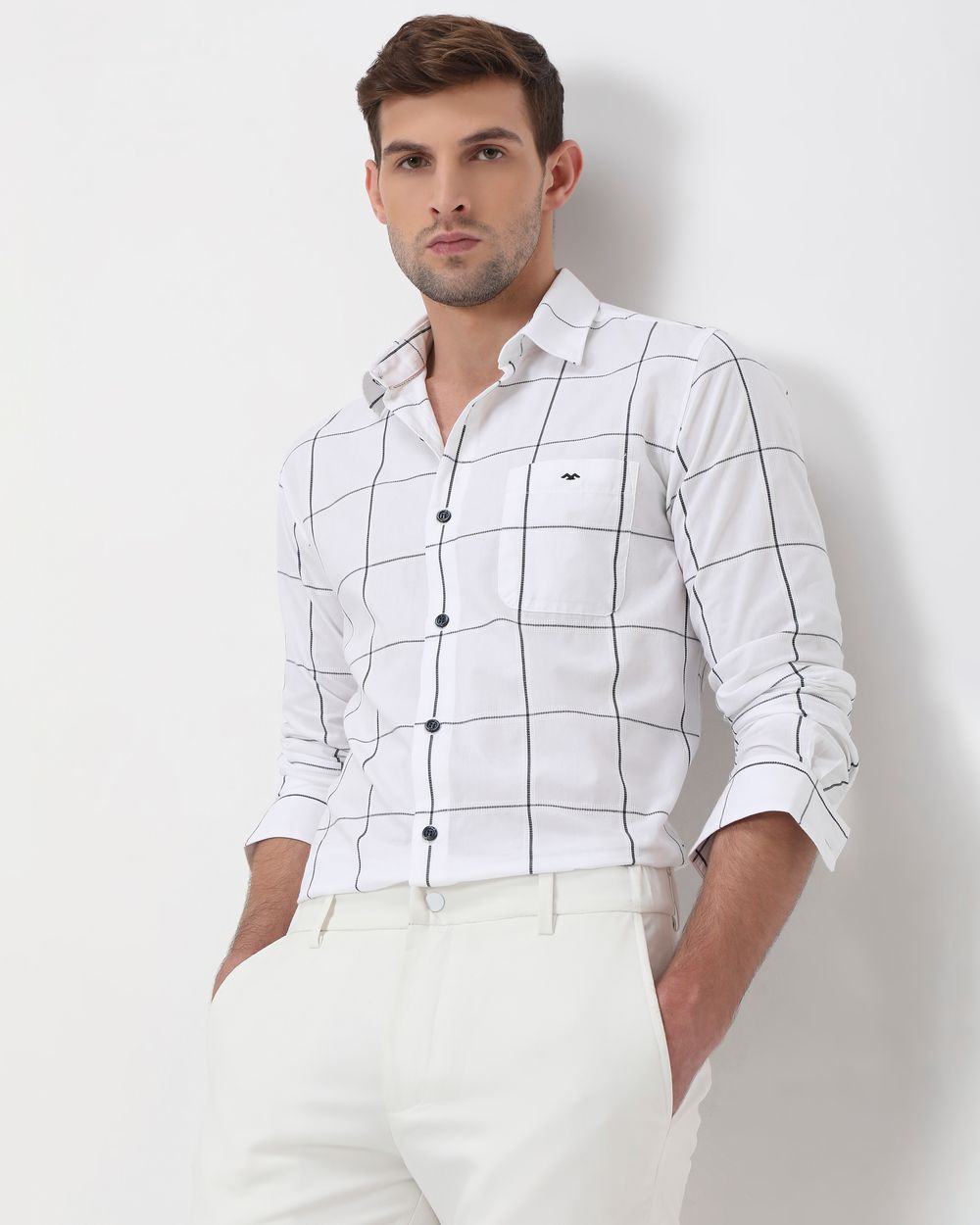 White Windowpane Check Slim Fit Casual Shirt