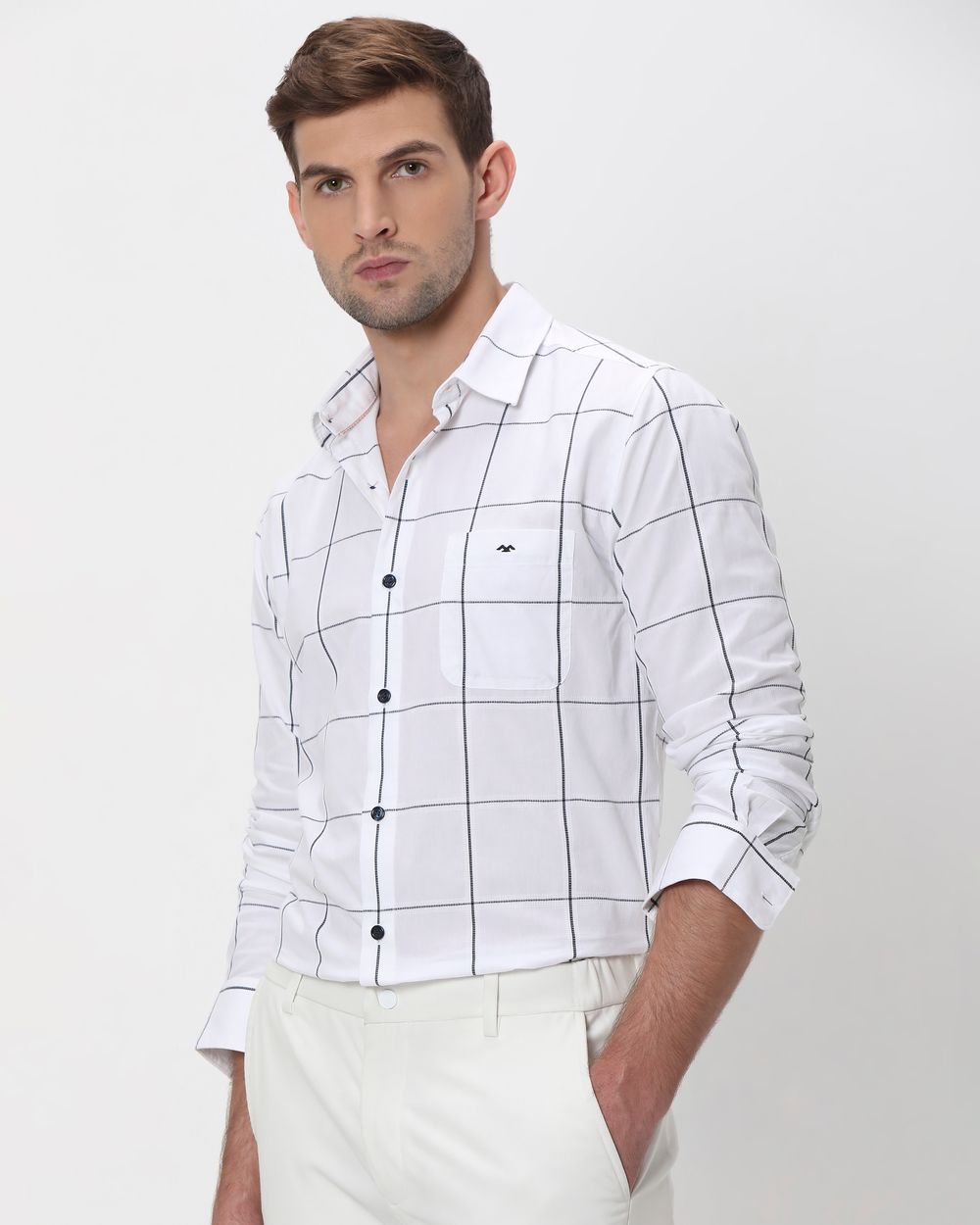 White Windowpane Check Slim Fit Casual Shirt