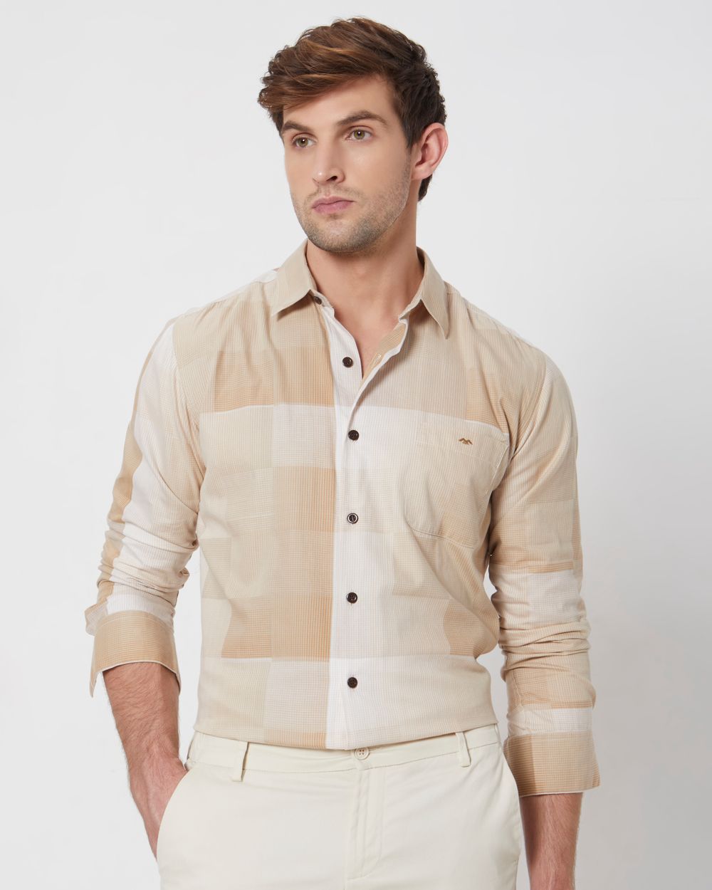 Khaki Tonal Check Slim Fit Casual Shirt