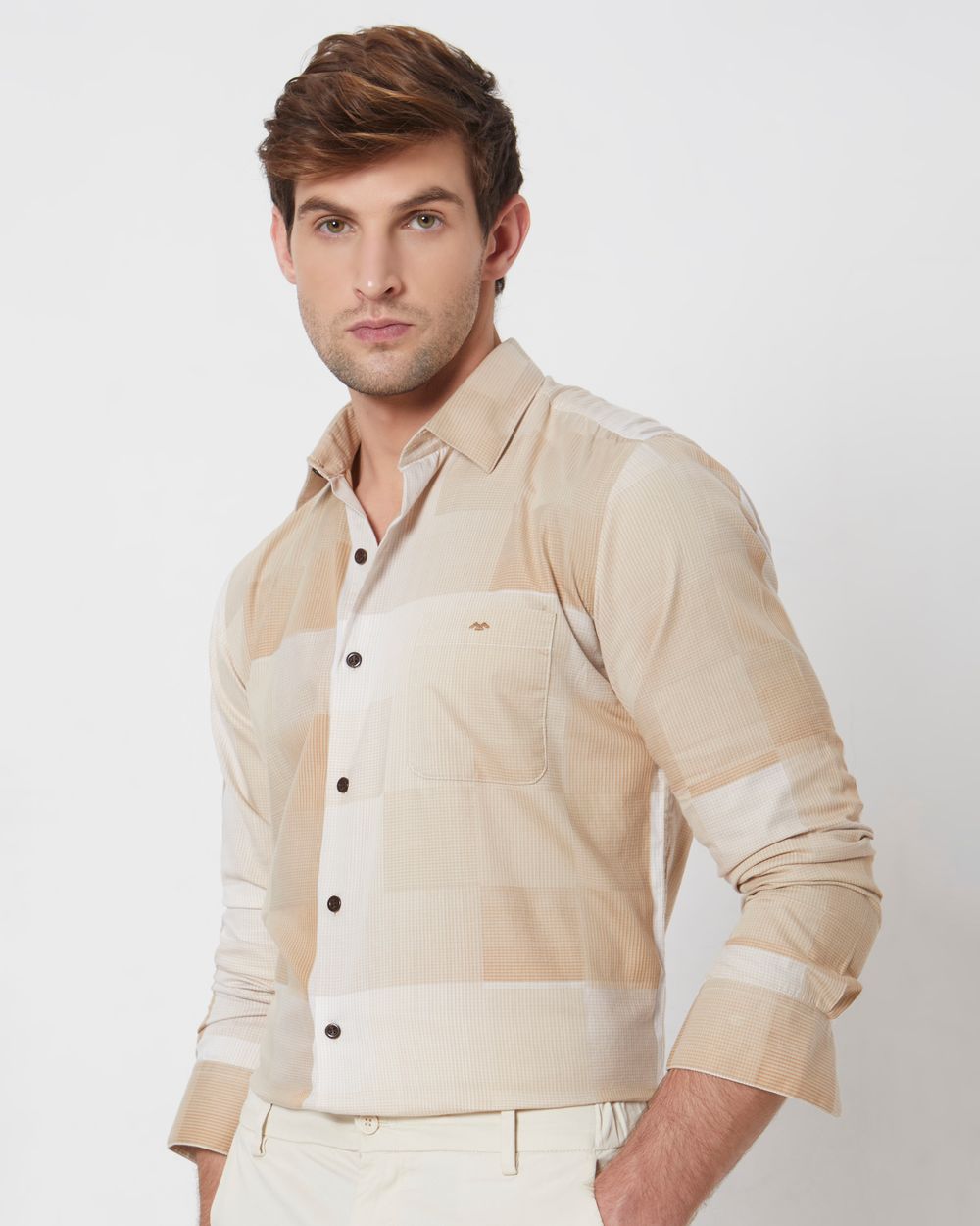 Khaki Tonal Check Slim Fit Casual Shirt
