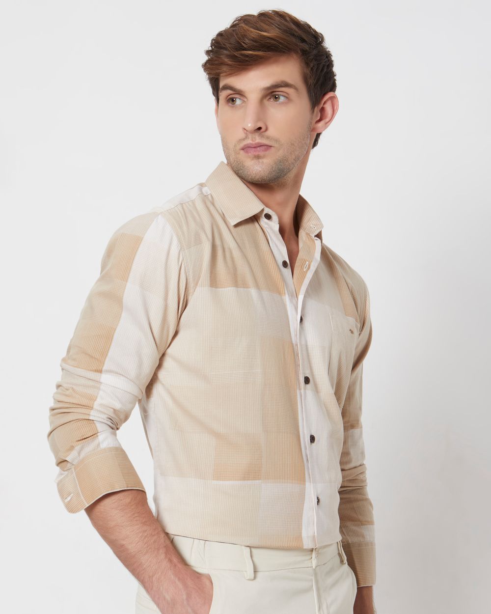 Khaki Tonal Check Slim Fit Casual Shirt