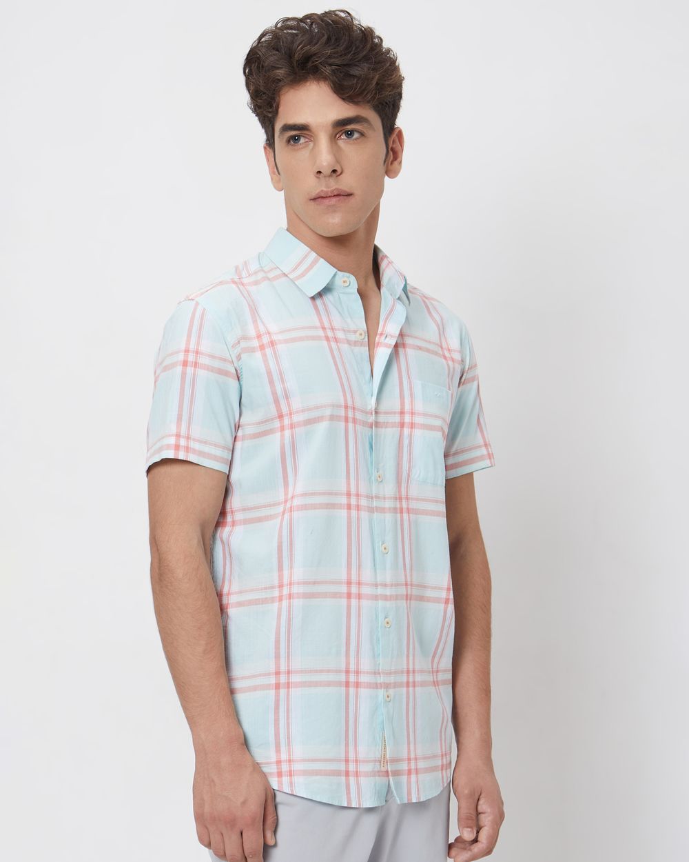 Turquoise Large Check Slim Fit Casual Shirt