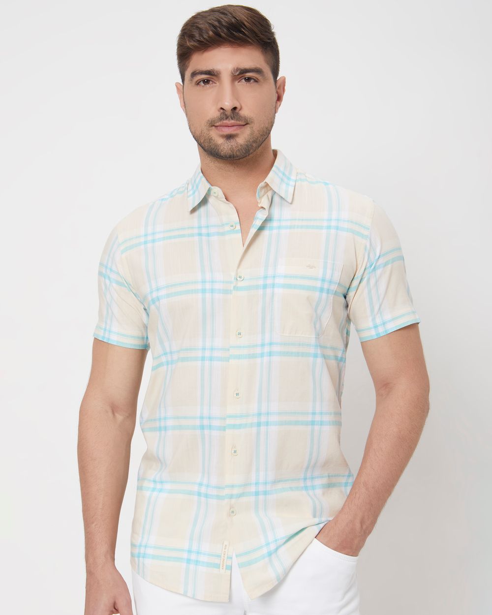 Beige Large Check Slim Fit Casual Shirt