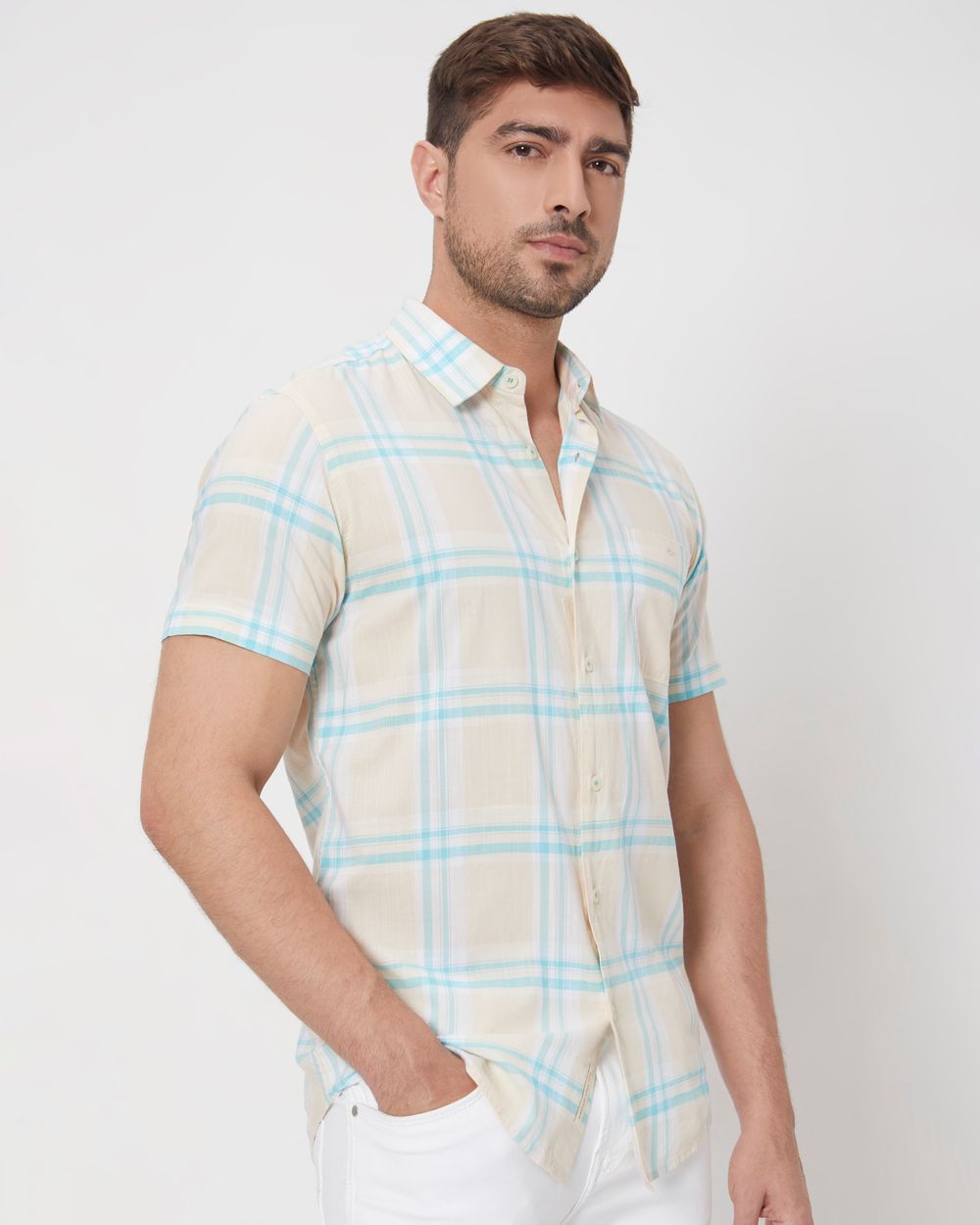 Beige Large Check Slim Fit Casual Shirt