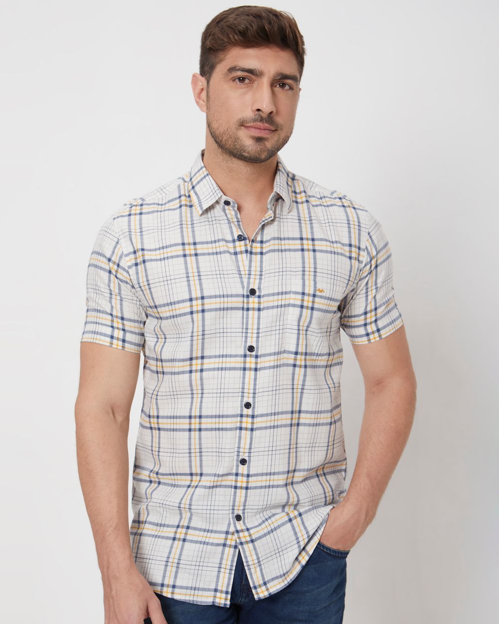 Beige Large Check Slim Fit Casual Shirt