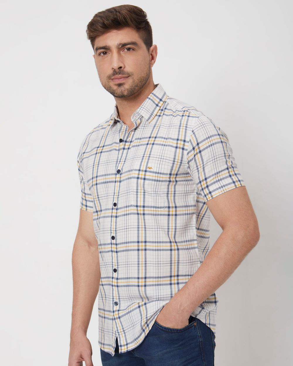 Beige Large Check Slim Fit Casual Shirt